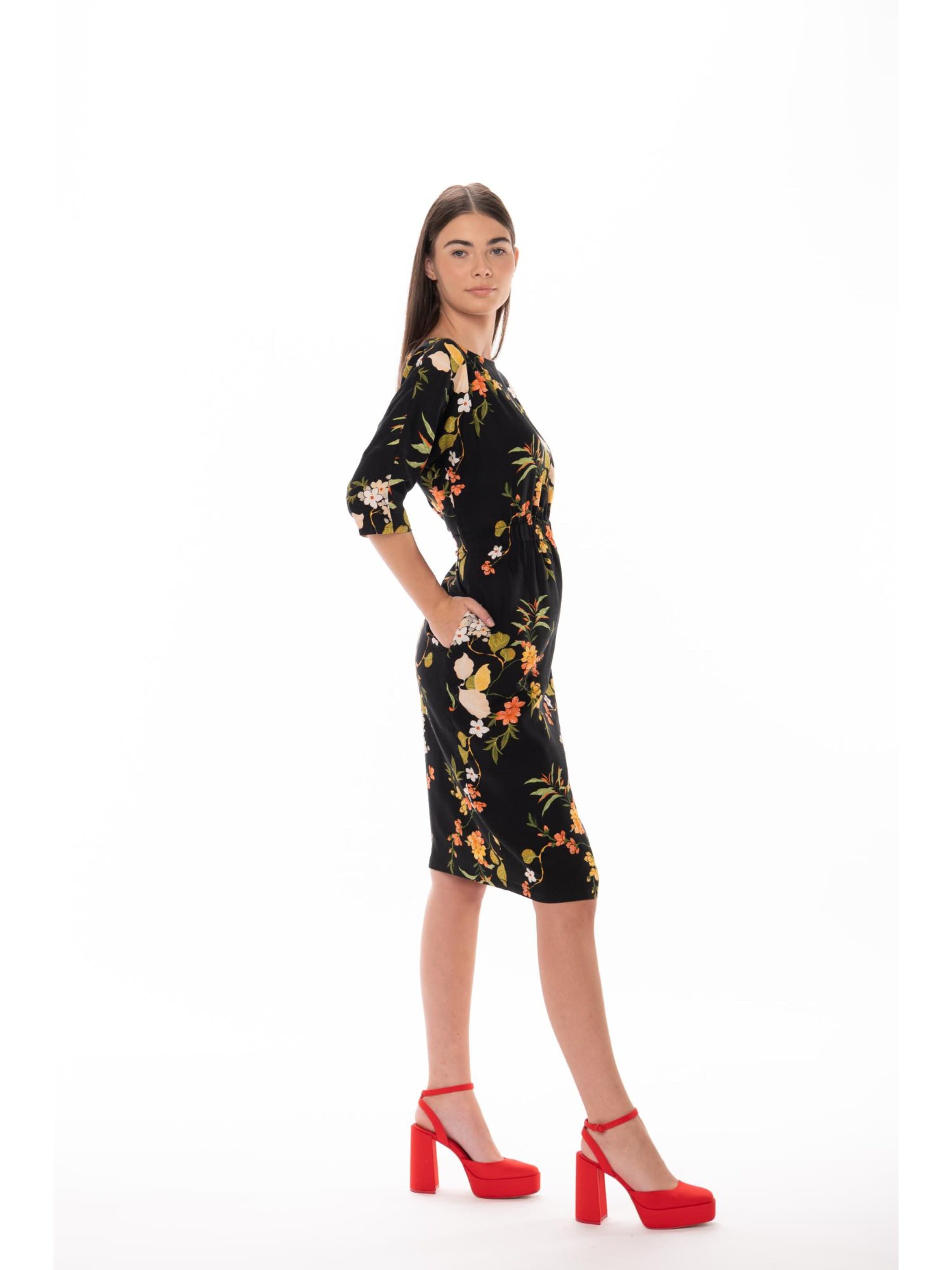 Couture de Marie Dress 'Floral Midi Dress with Draped Waist – Black – Lise' in Black