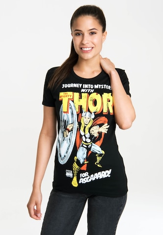 LOGOSHIRT Shirt 'Thor For Asgaaard' in Black: front