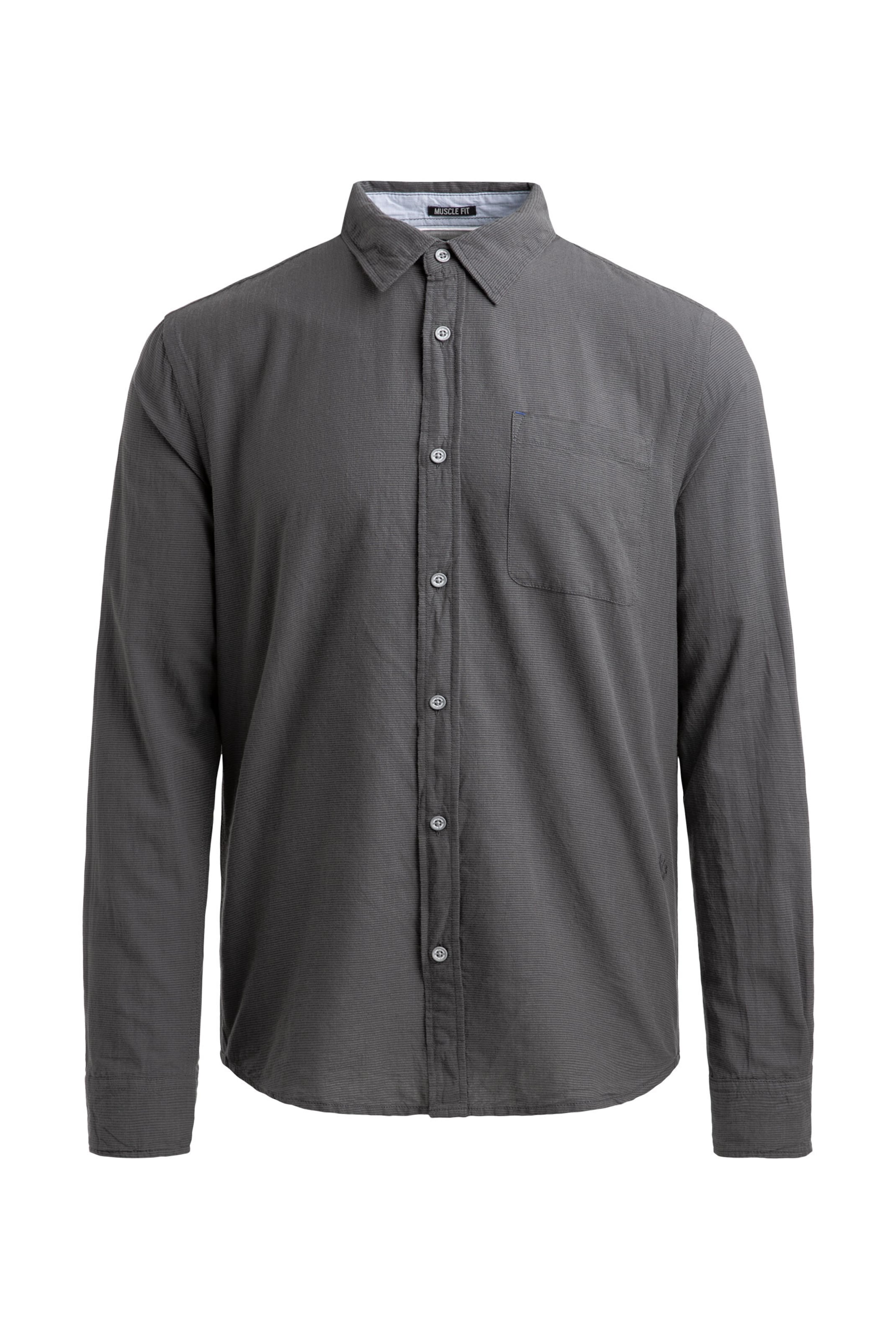 CMPD Slim Fit Gestreiftes Langarmhemd mit Flammgarnstruktur in Grau: Vorderseite