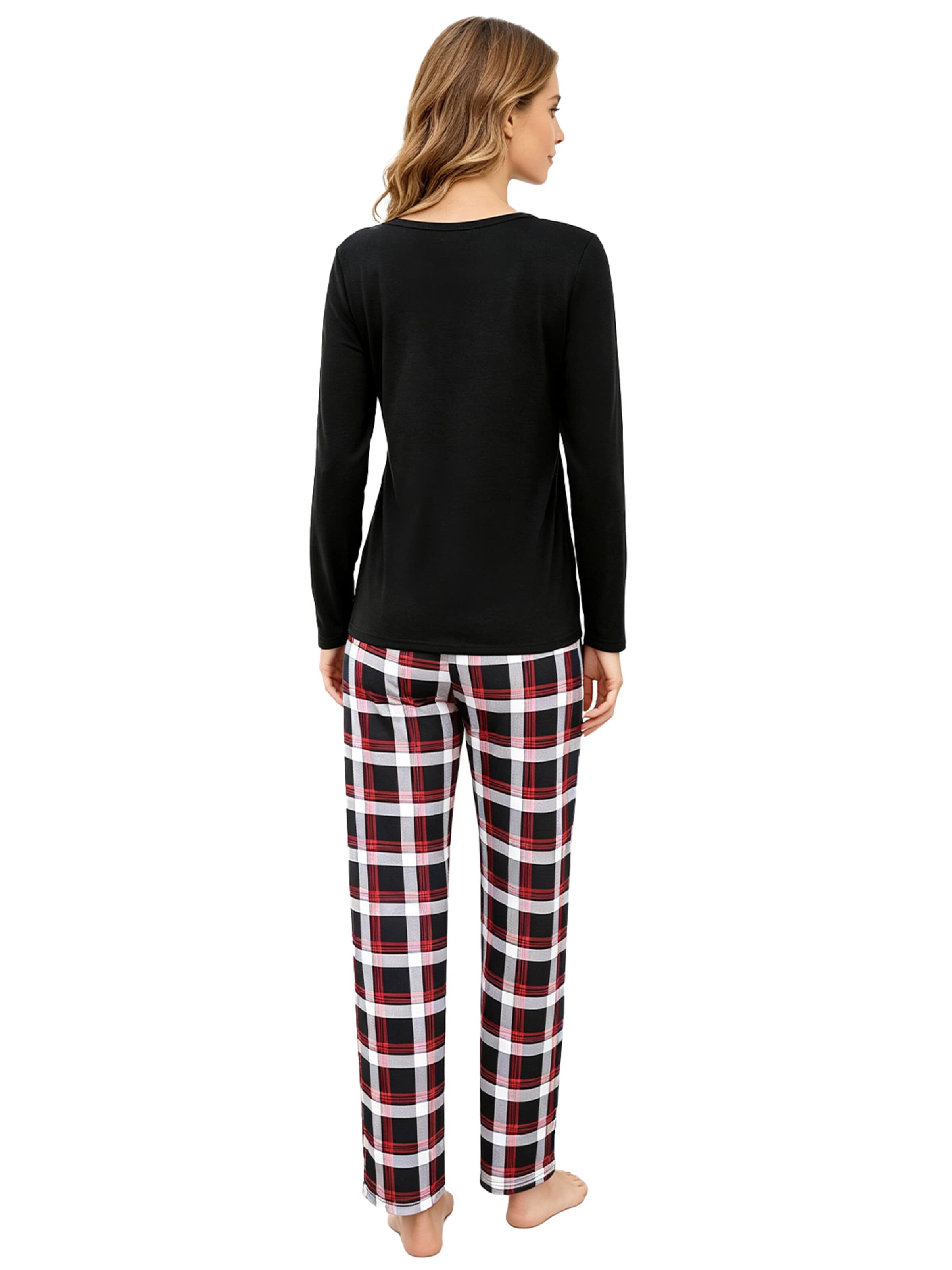 KoJooin Piżama 'Damen Weihnachts-Pyjama-Set im Karierten Design Klassische,Langärmelige Loungewear für Familiäre' w kolorze czarny