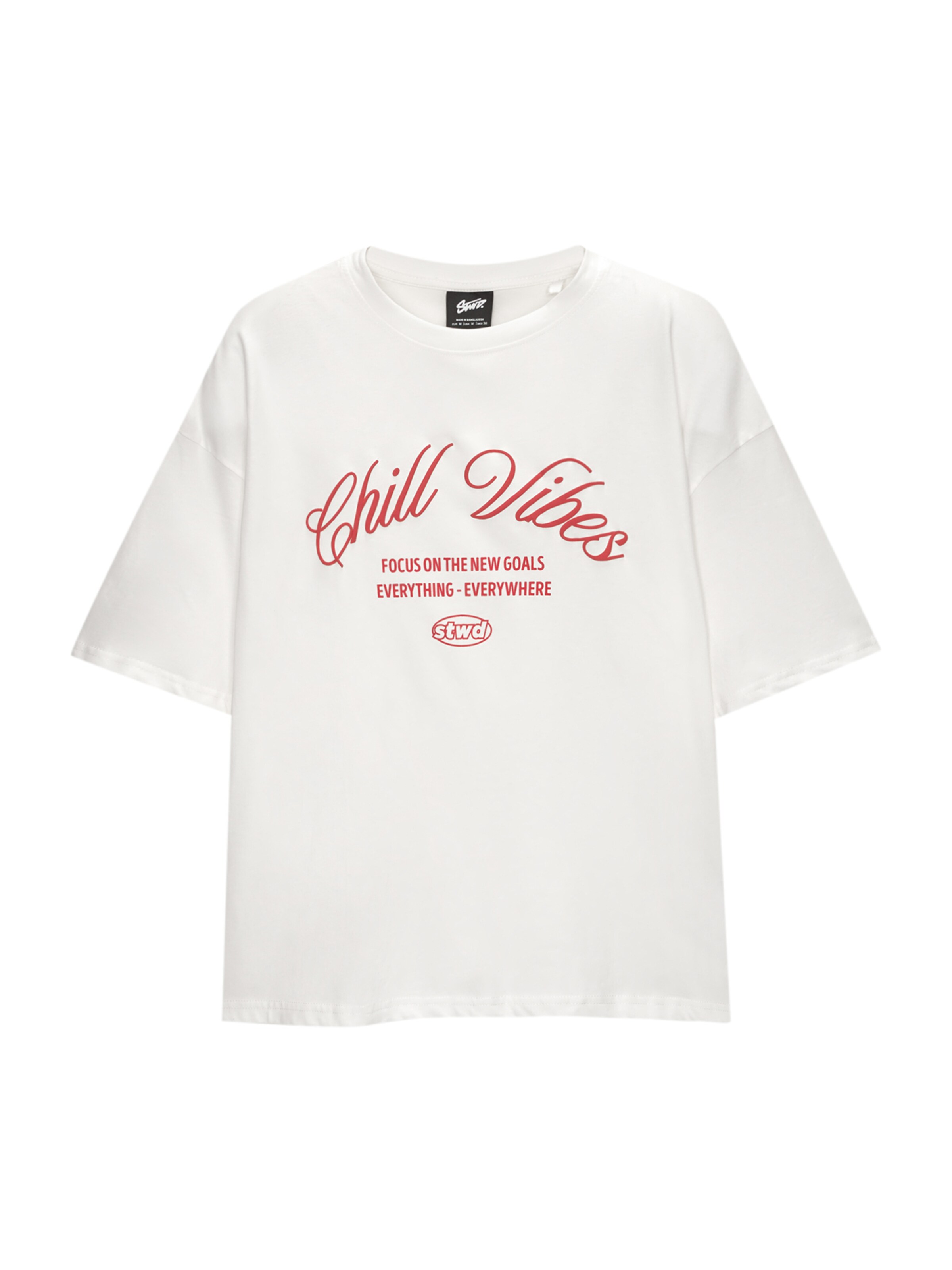 Pull&Bear T-Shirt 'STWD VOLUMEN  CHILL VIBES' in rot / weiß, Produktansicht