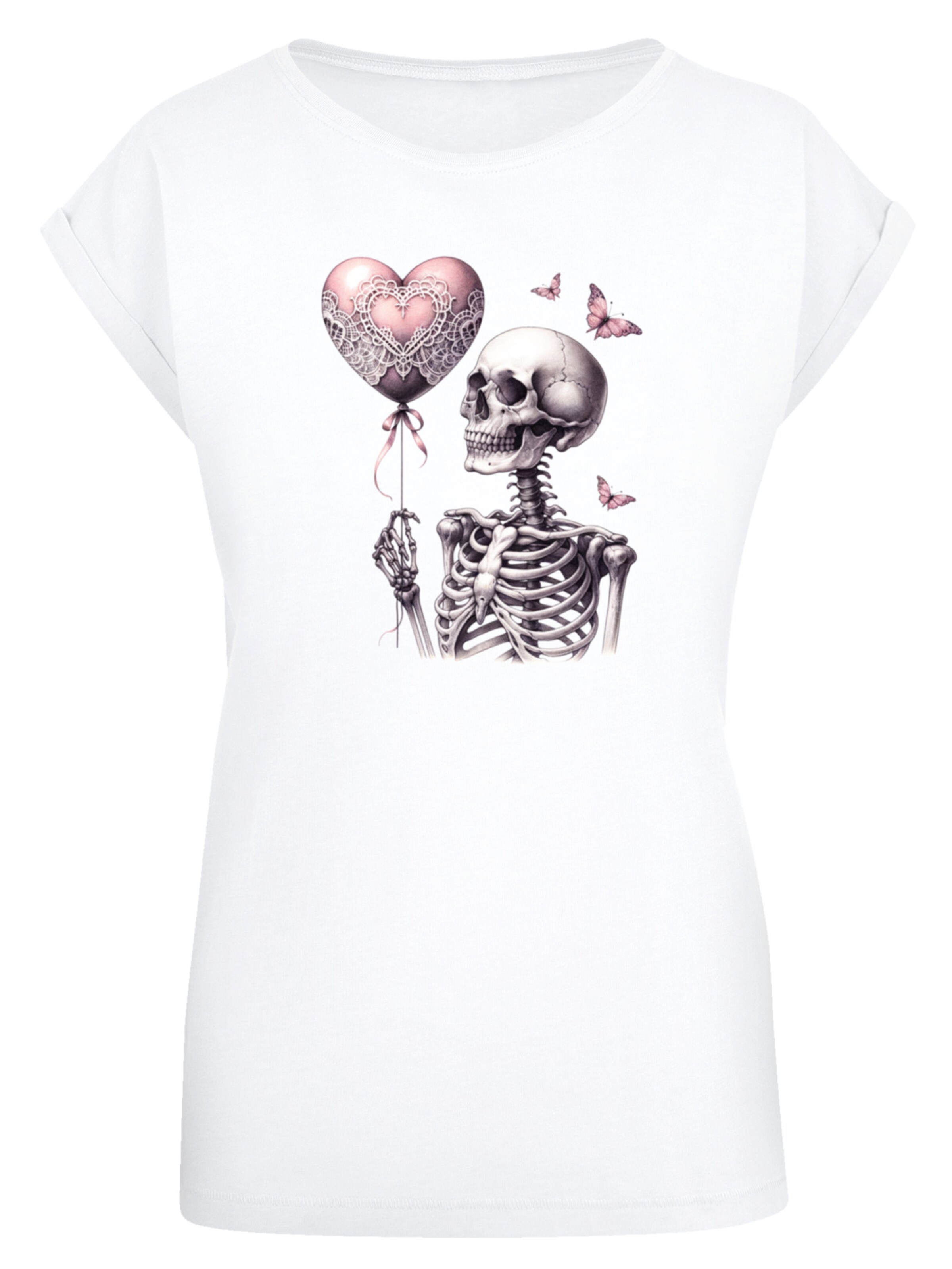 F4NT4STIC Shirt 'Skelett Hält Herzballon' in Wit: voorkant