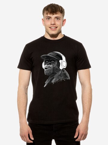 Cotton Prime Shirt 'Monkey mit DJ-Kopfhörer' in Zwart: voorkant