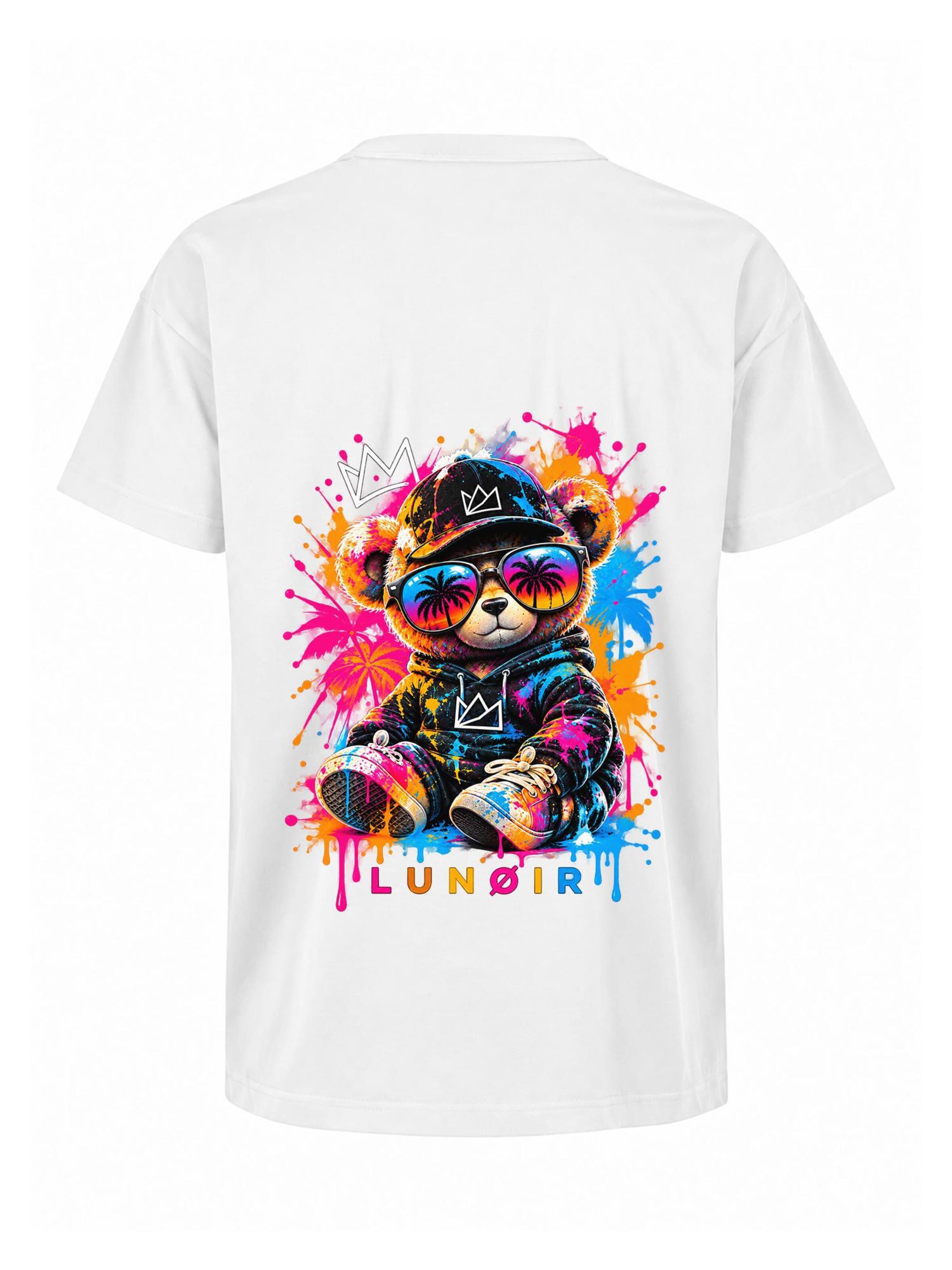 LUNØIR Studio Póló 'Tropical Riot – Sunset Teddy' - fehér: elől