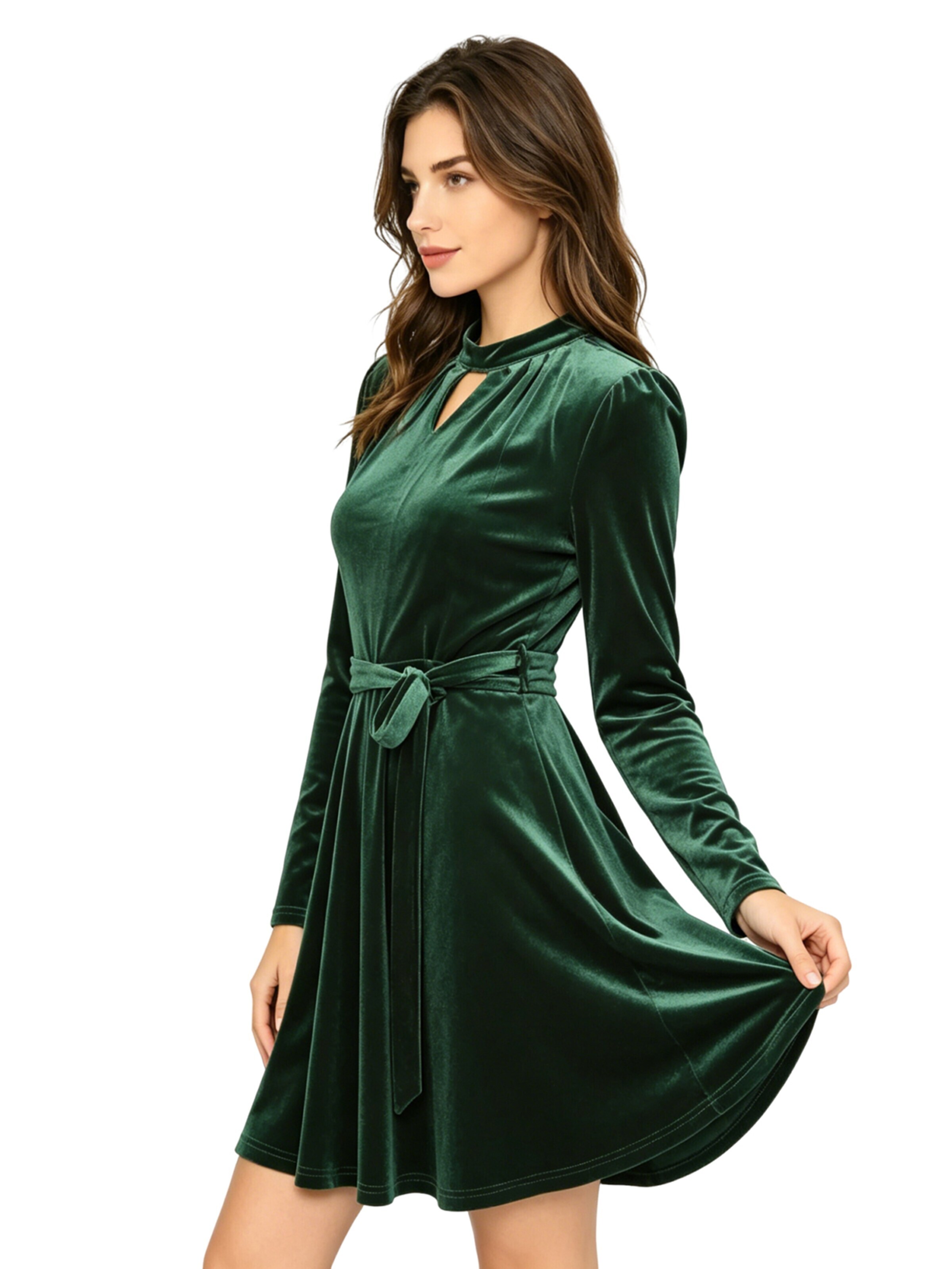 KoJooin Kleid 'Knielanges Samtkleid Langen Ärmeln Gürtel Damen Abschlusskleid für Party'‌‌‌‌‌ in Grün