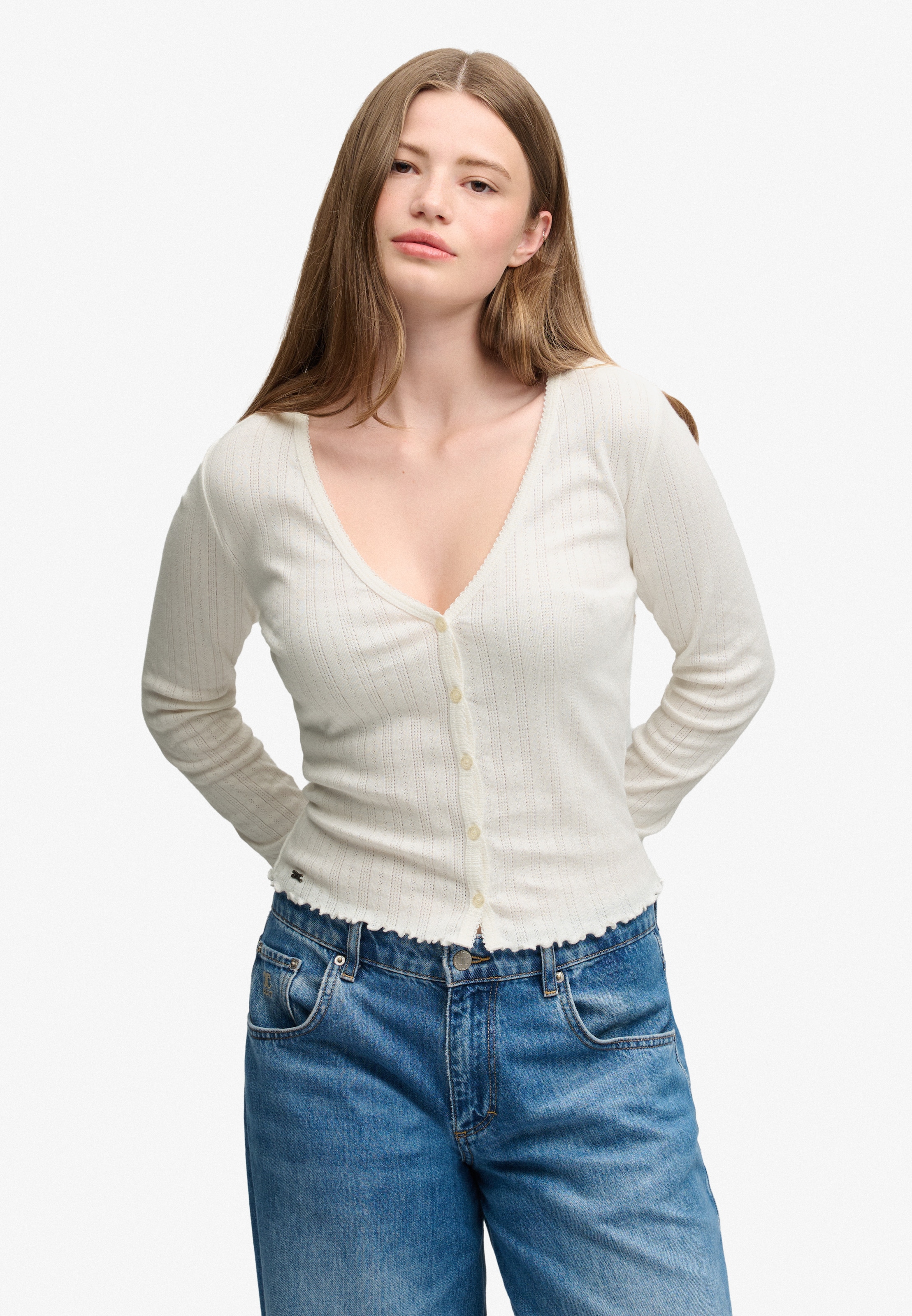 Superdry & Co Gebreid vest 'Athletic Essential Pointelle' in Wit: voorkant