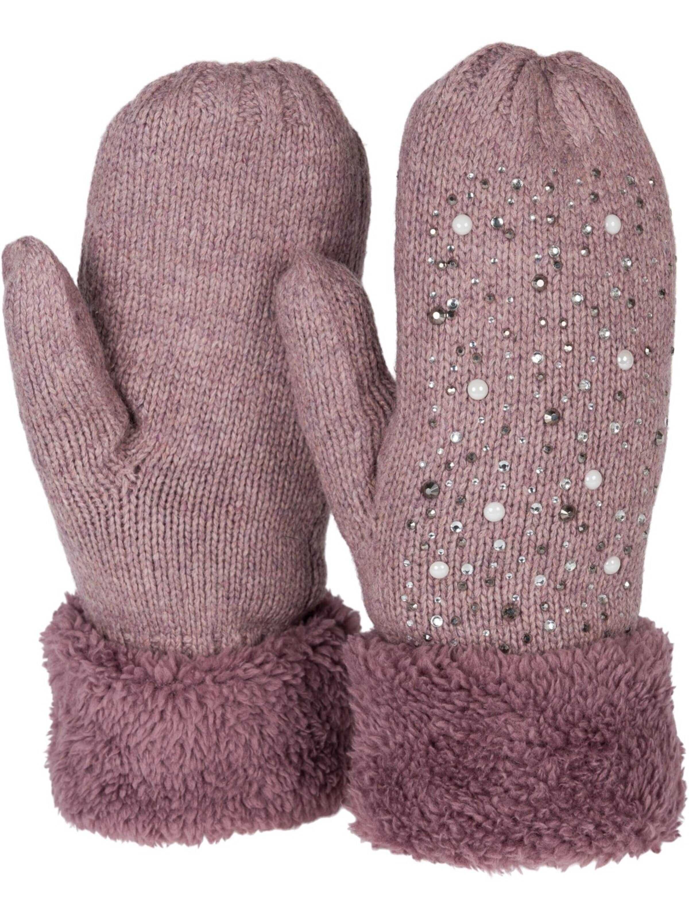 styleBREAKER Mittens 'Strickhandschuhe Fäustlinge mit Strass und Perlen' in Purple: front