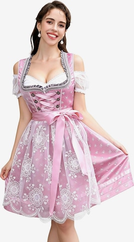 KoJooin Dirndl 'Damen Rosa Jacquard-Dirndl-Set mit Spitzenbluse,Trägerkleid und Tüllschürze 3‑teiliges Oktoberfest' w kolorze różowy: przód