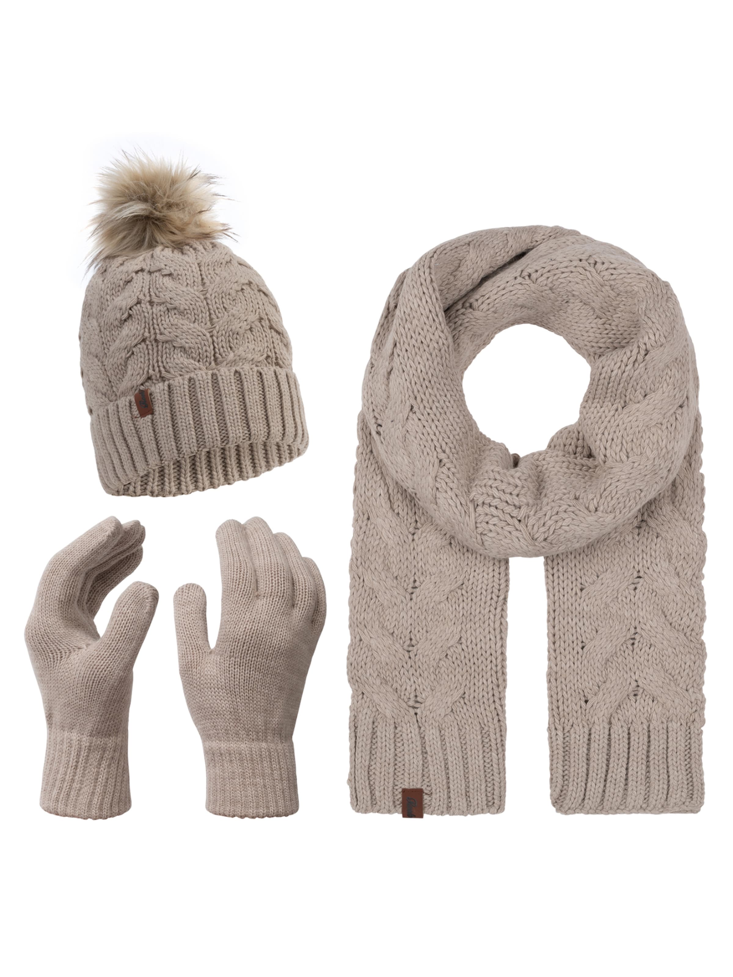 Rock Creek Set: Schal, Mütze und Handschuhe in Beige: Vorderseite