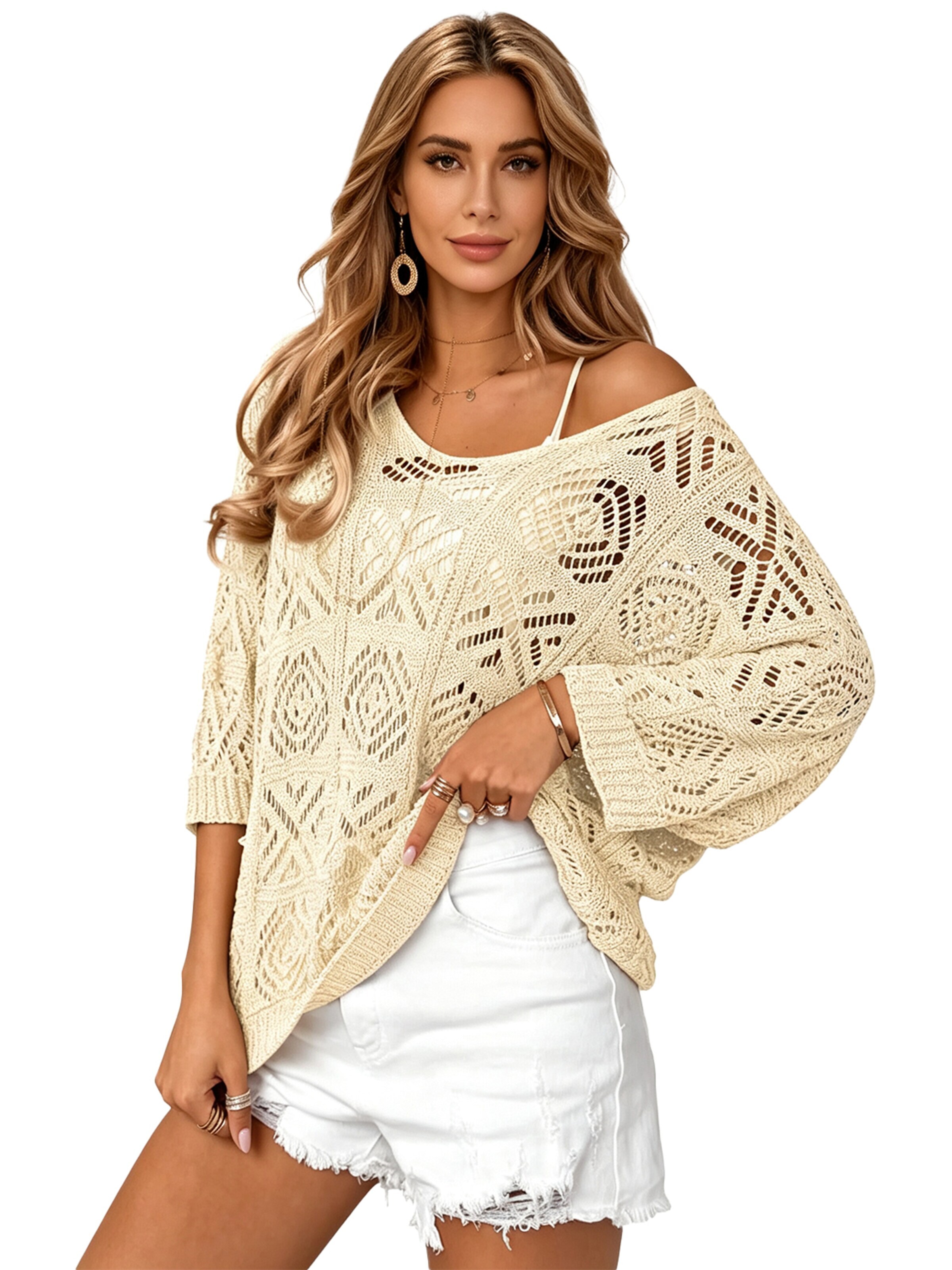 KoJooin Sweter 'Damen Häkelpullover mit V-Ausschnitt – Off-Shoulder Design, 3/4-Ärmel und Feinem Lochmuster' w kolorze pomarańczowy