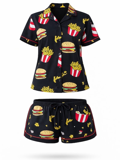 LEAFLETIC Pijama de pantalón corto 'Leafletic Women’s Printed Night Wear Short Set' en XS en negro moteado, Vista del producto