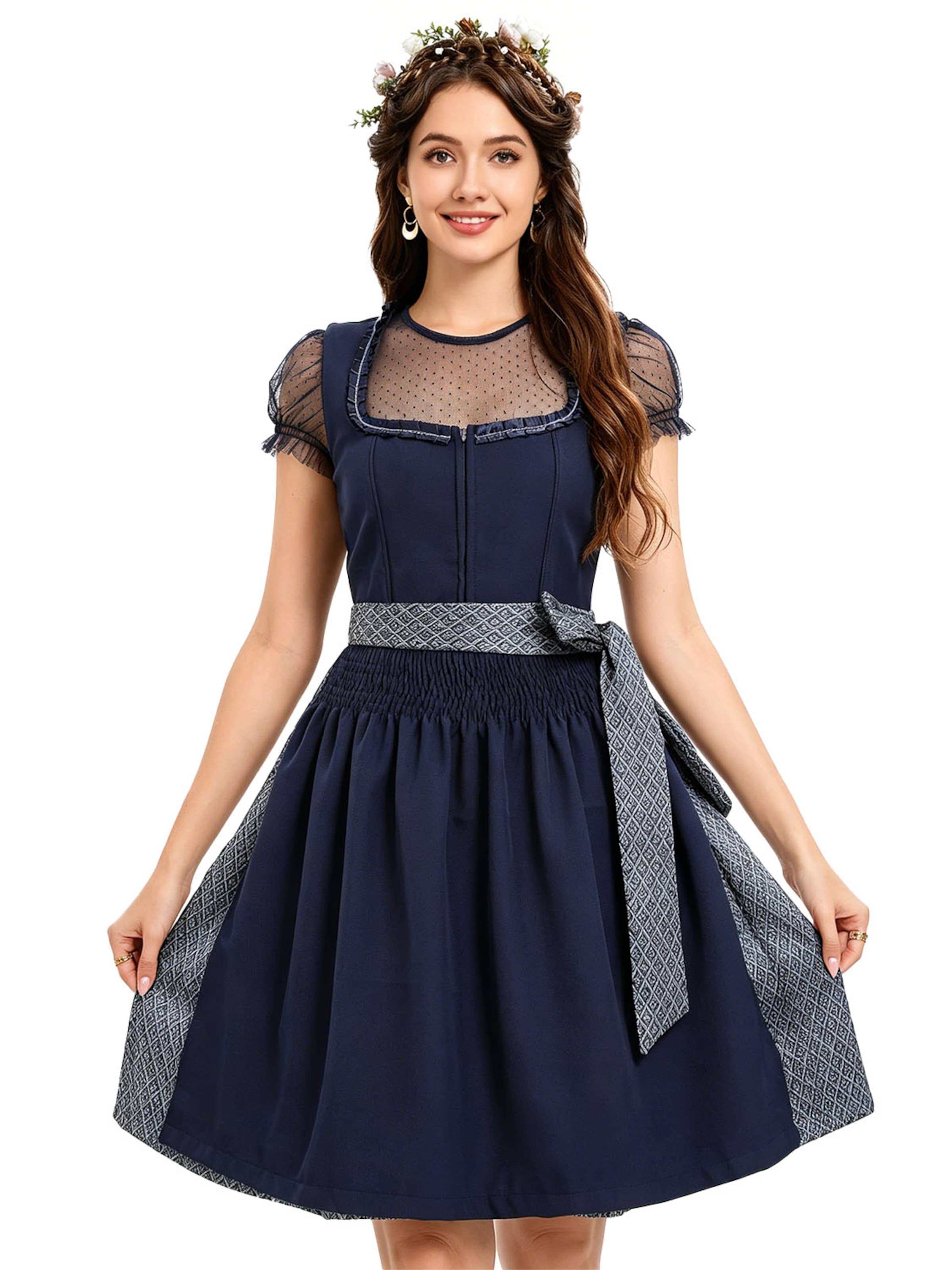 KoJooin Dirndl 'Damen Polka‑Dot Bluse, quadratischer Ausschnitt – 3‑teiliges Dirndl‑Set für Oktoberfest'‌‌‌‌‌‌ in Blau: Vorderseite