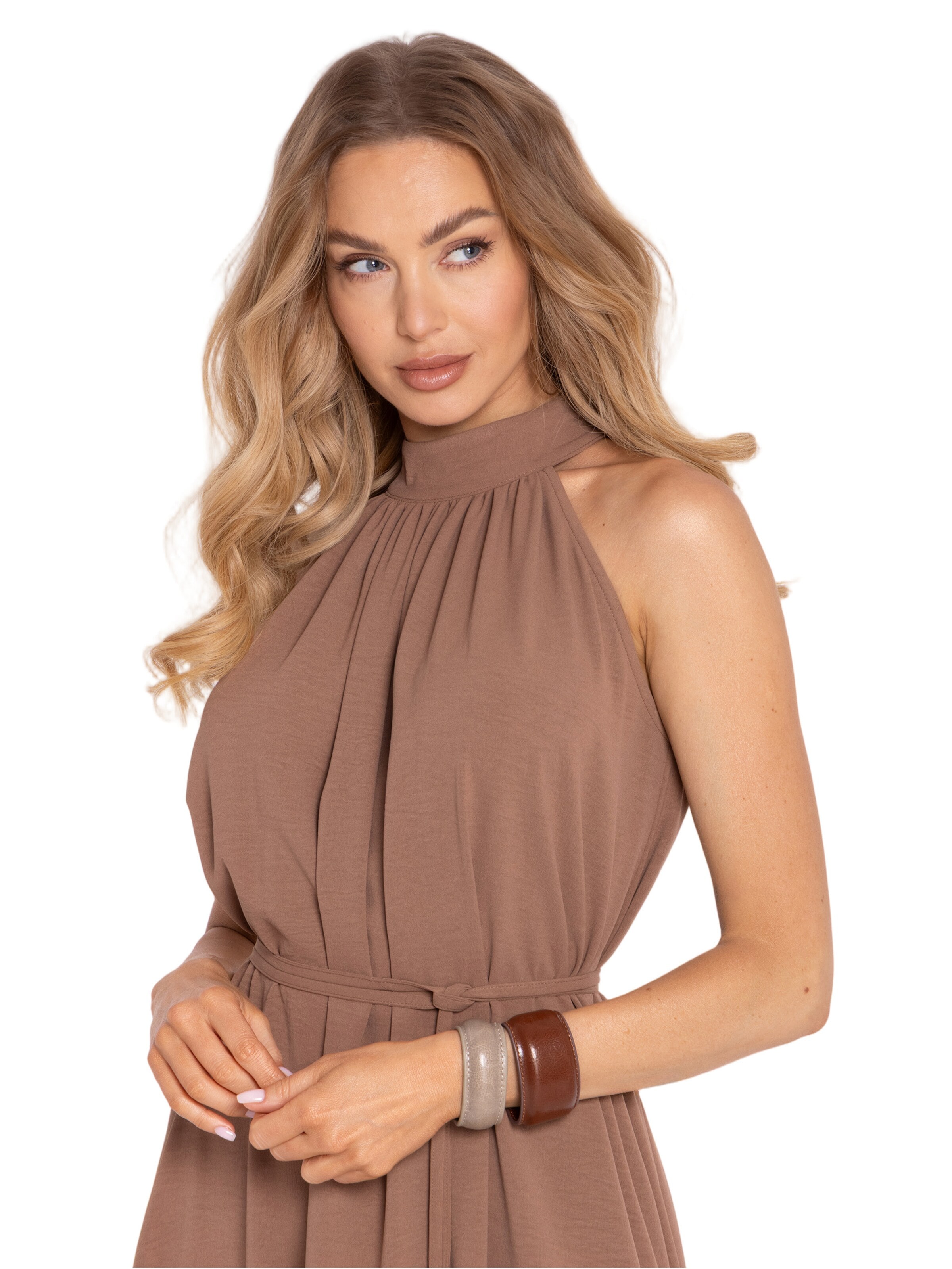 made of emotion Šaty 'Sukienka maxi halter neck z paskiem' – hnědá