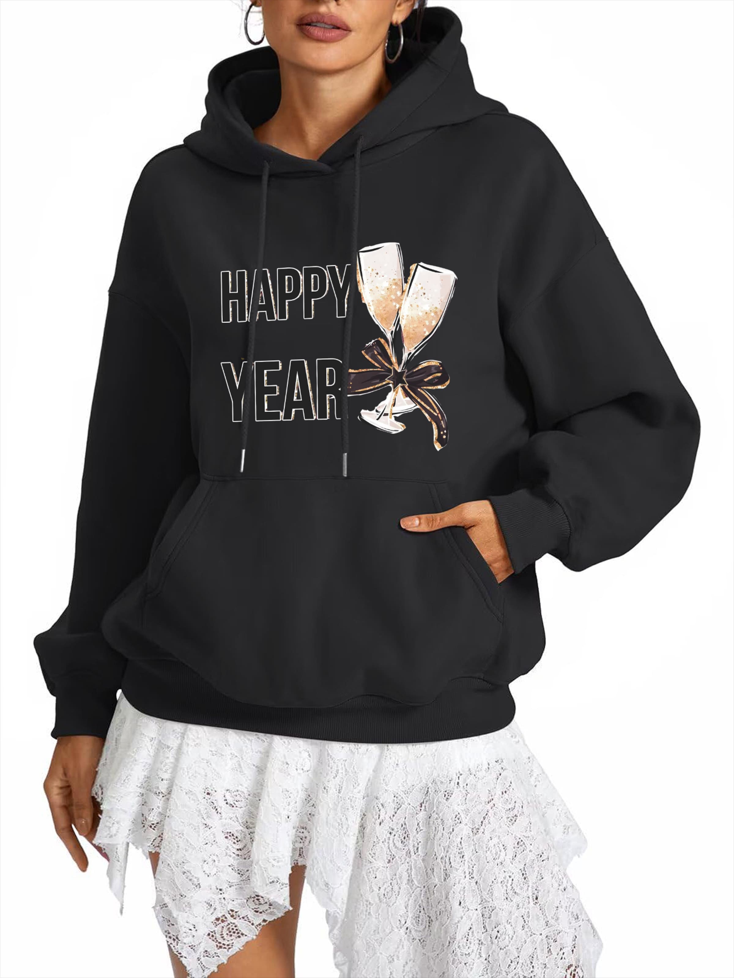 GORHEY - Sudadera 'Women's Casual Fleece Hoodie with New year Print & Large Pockets' en negro: frente