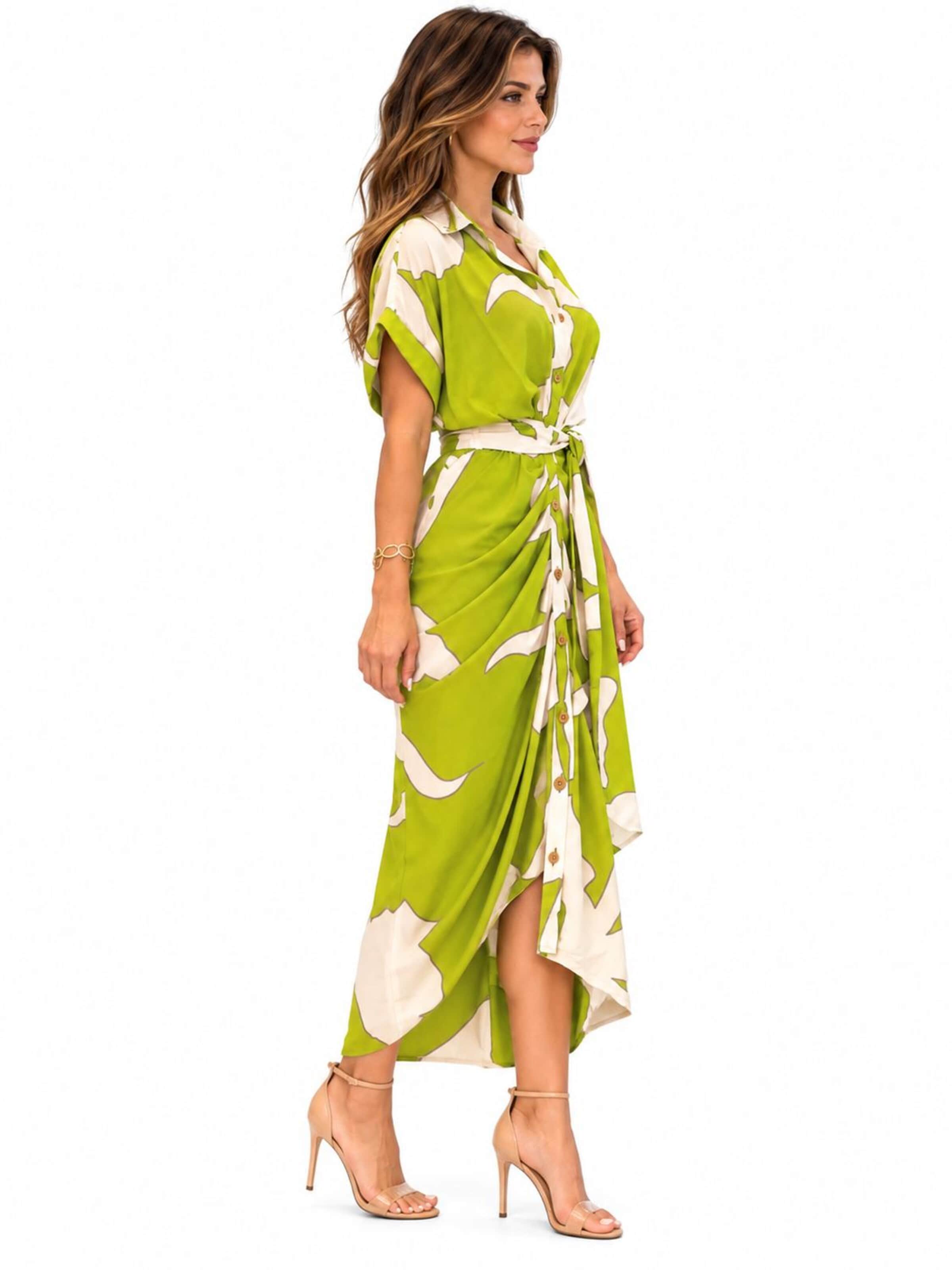 SPORTS36.NL Dress 'Women's Short-Sleeve Shirt Dress with Waist Tie' in Green