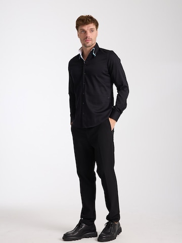 7Camicie Slim fit Zakelijk overhemd 'Vesuvio Satin Man Shirt Blue' in Zwart