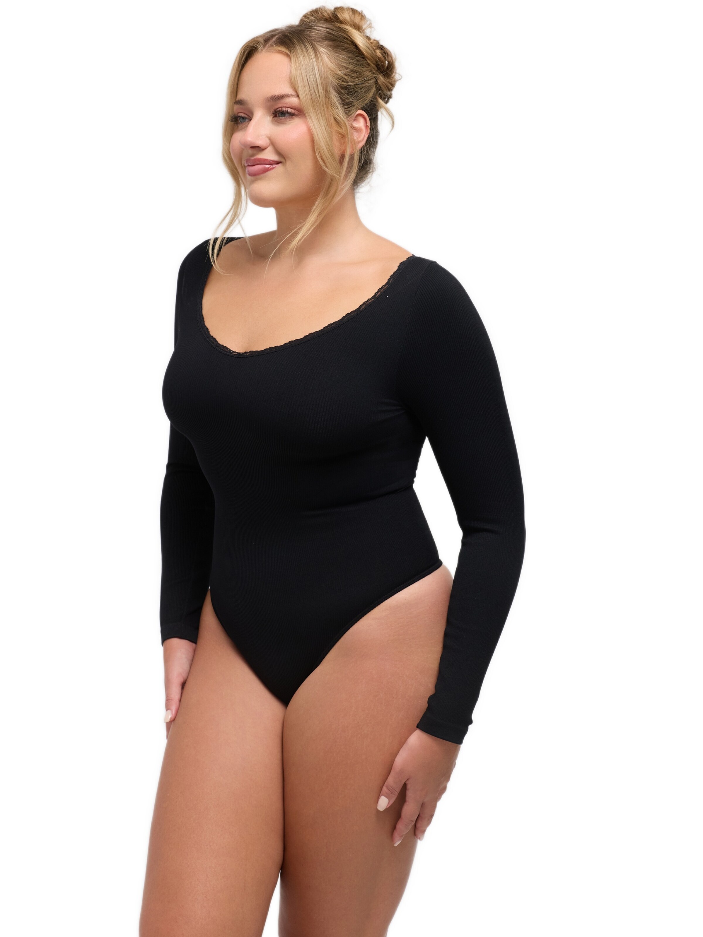 cfab Body 'Ribbed Longsleeve V-Neck Sculpting Lace Bodysuit with String' värissä musta