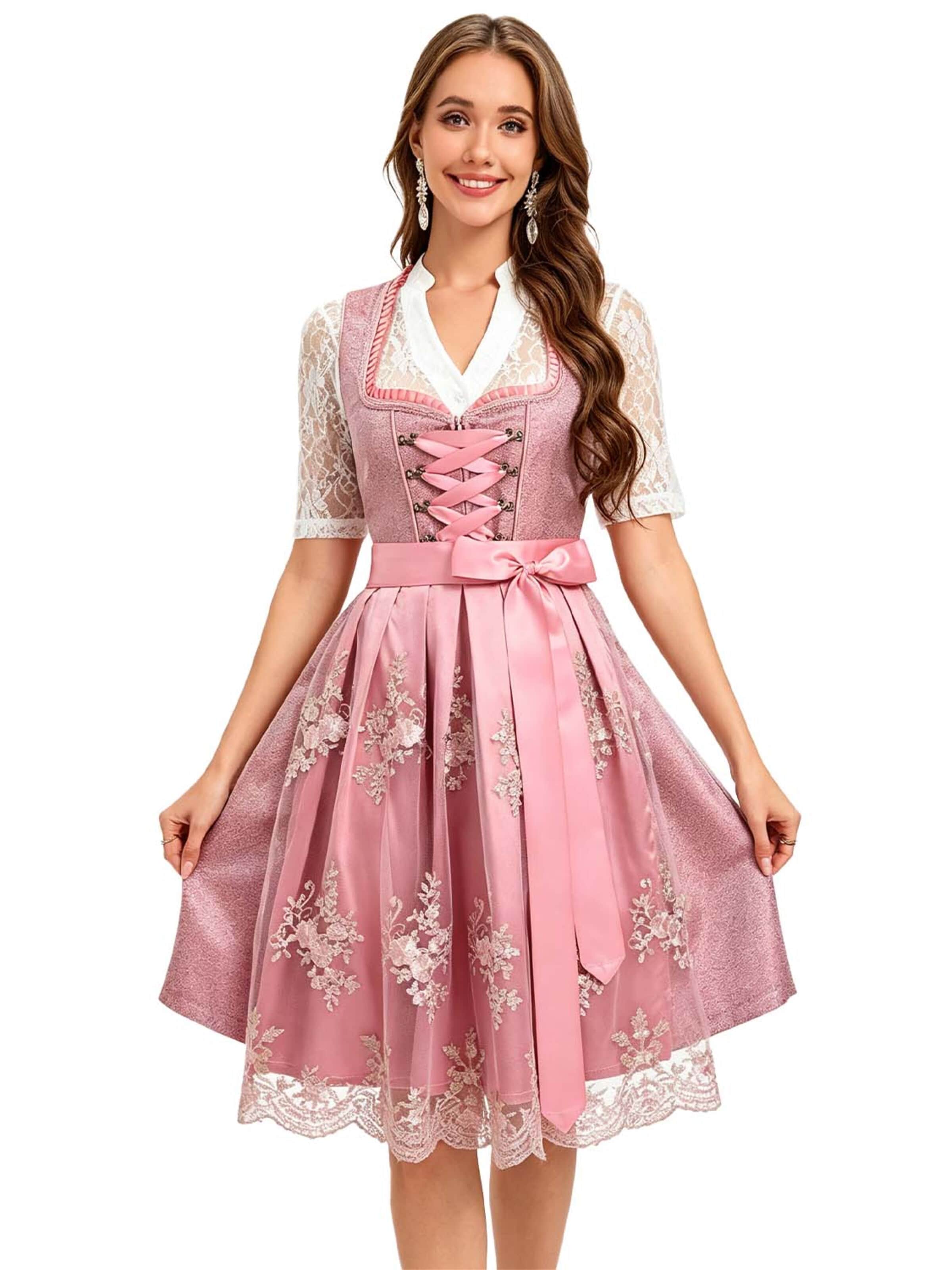 KoJooin Dirndl '3-teiliges Damen Bierfest Oktoberfest Satin-Schürze mit Bindebändern Spitzenbluse mit V Lochmuster'‌‌‌‌‌‌‌ in Pink: Vorderseite
