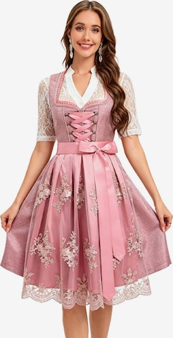 KoJooin Dirndl '3-teiliges Damen Bierfest Oktoberfest Satin-Schürze mit Bindebändern Spitzenbluse mit V Lochmuster' in Pink: Vorderseite