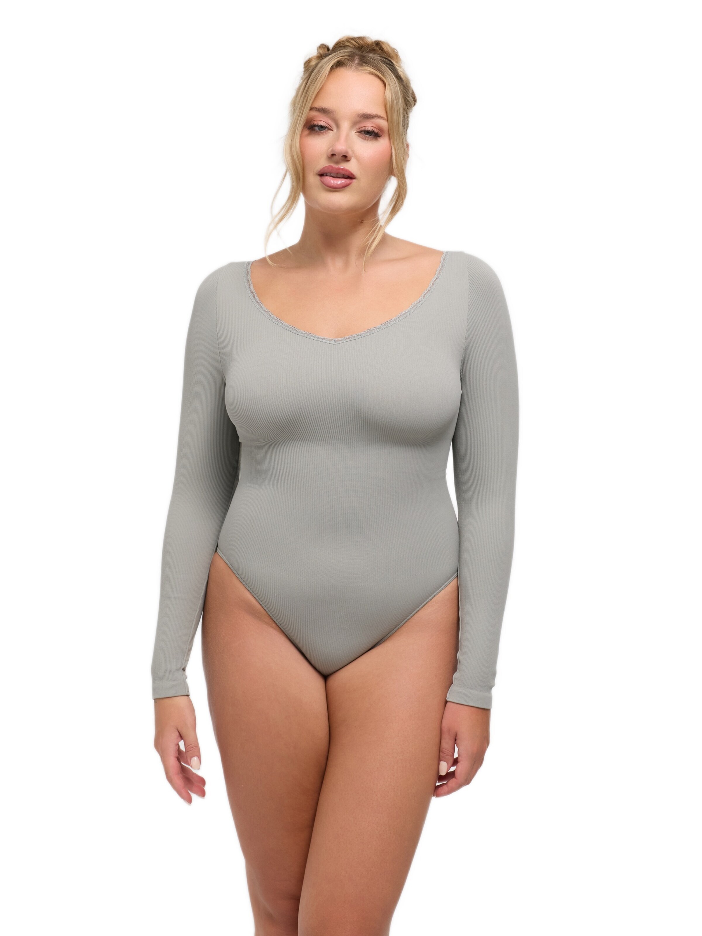 cfab Body 'Ribbed Longsleeve V-Neck Sculpting Lace Bodysuit with Slip' in Grijs