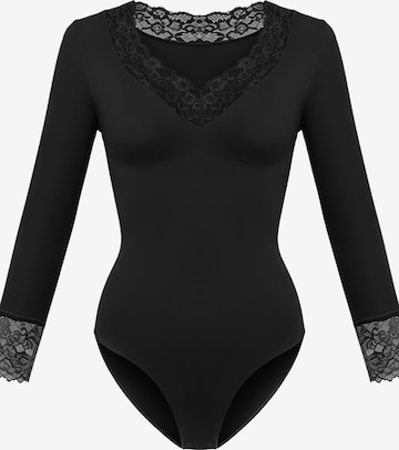 cfab - Body moldeador 'Clean Longsleeve V-Neck with Lace Sculpting Bodysuit with Slip' en negro: frente