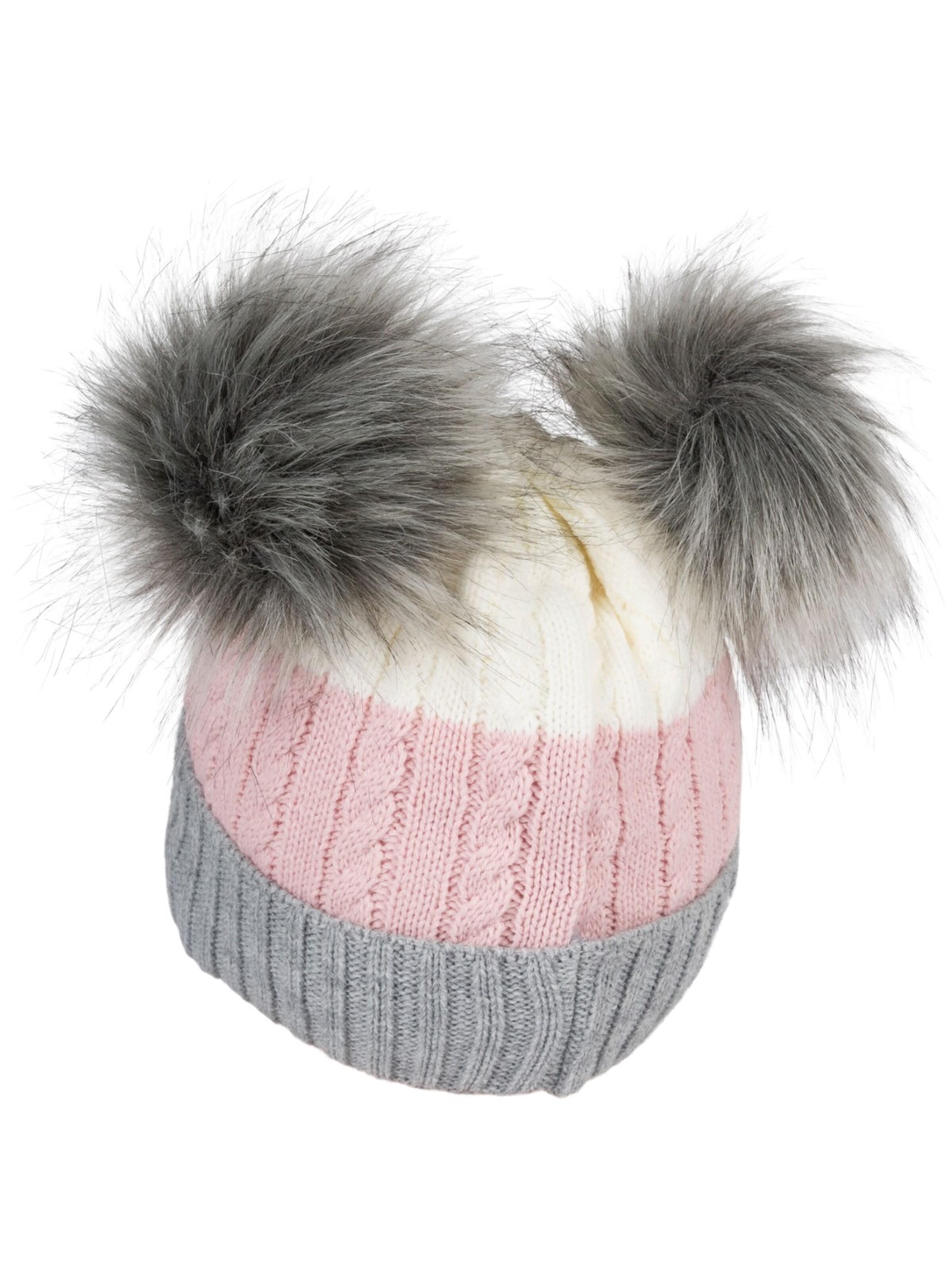 styleBREAKER Beanie 'Gestreifte Kinder Bommelmütze mit zwei Bommel' in Grey: front