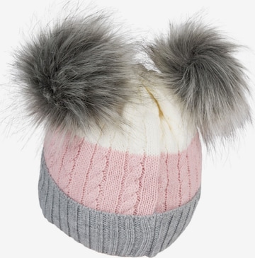 styleBREAKER Beanie 'Gestreifte Kinder Bommelmütze mit zwei Bommel' in Grey: front