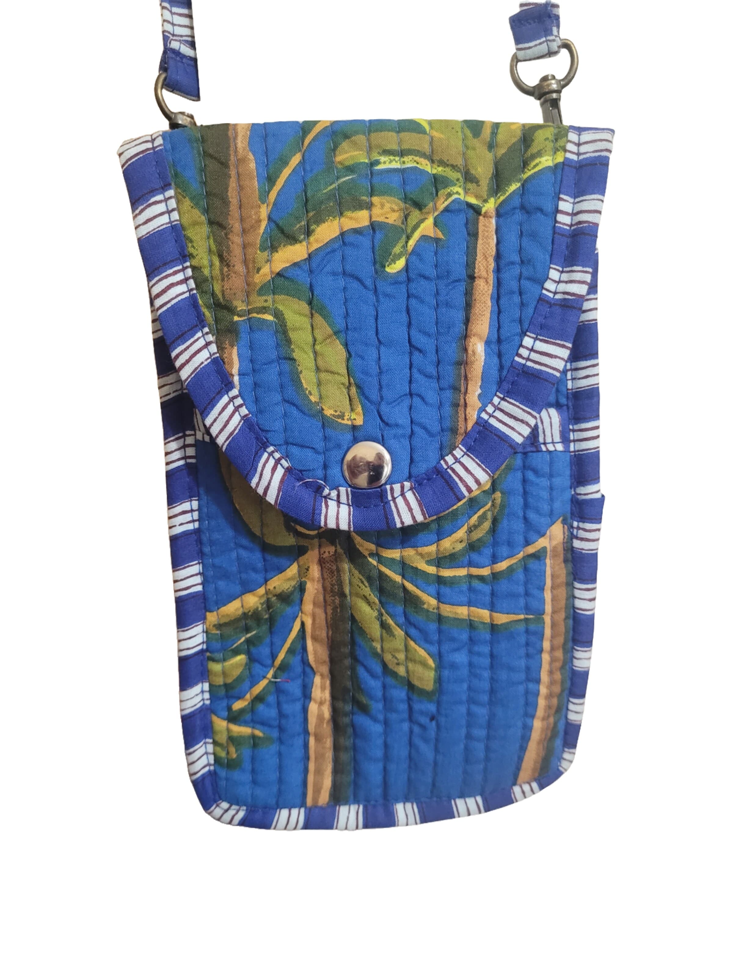 PfauGermany Crossbody Bag 'Vintage Cotton Quilted  Mobile Sling Bag .Length:19cm Width:11cm' in Blue: front