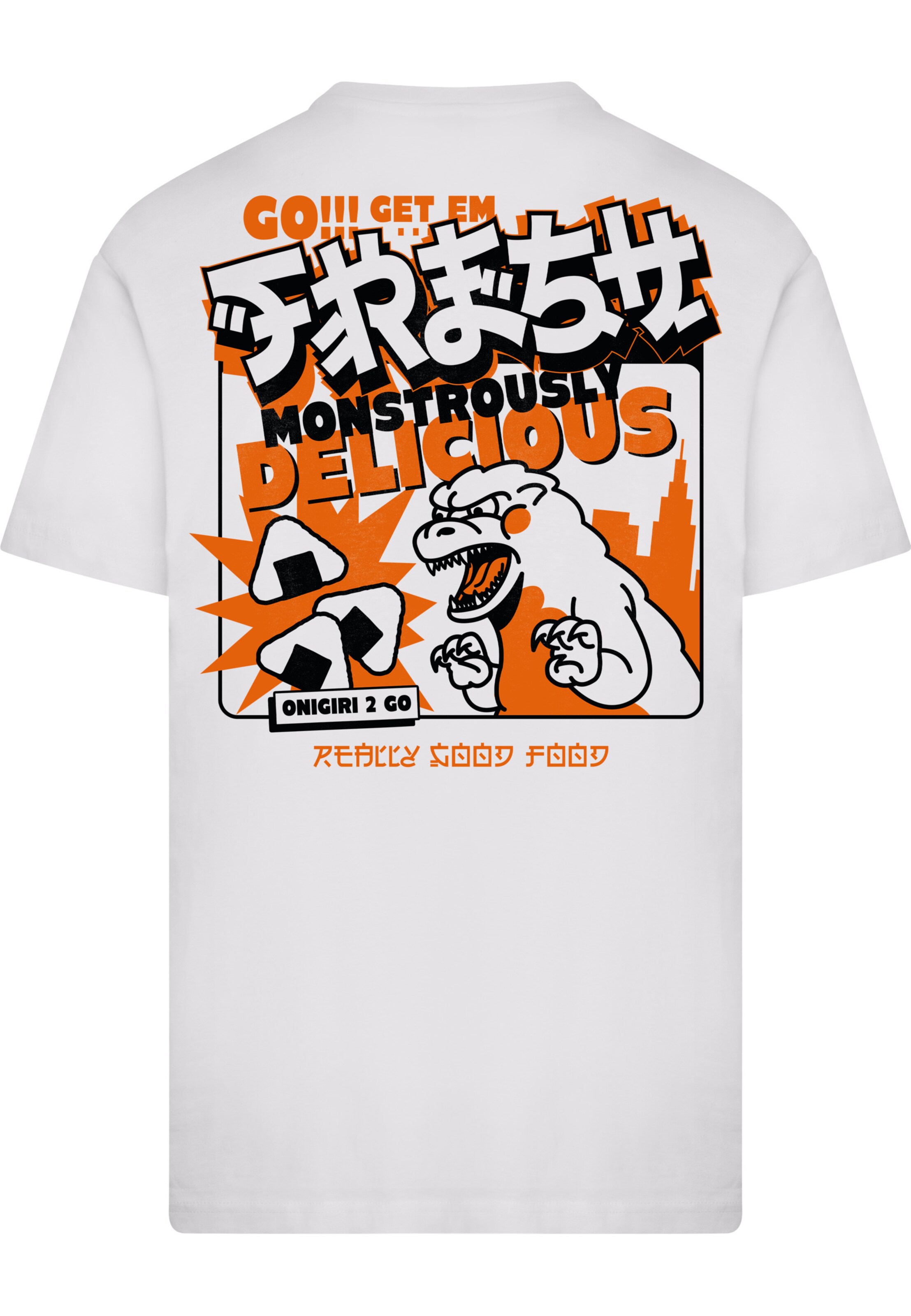 Mister Tee Póló 'Monstrously Delicious Onigiri 2 Go' - fehér