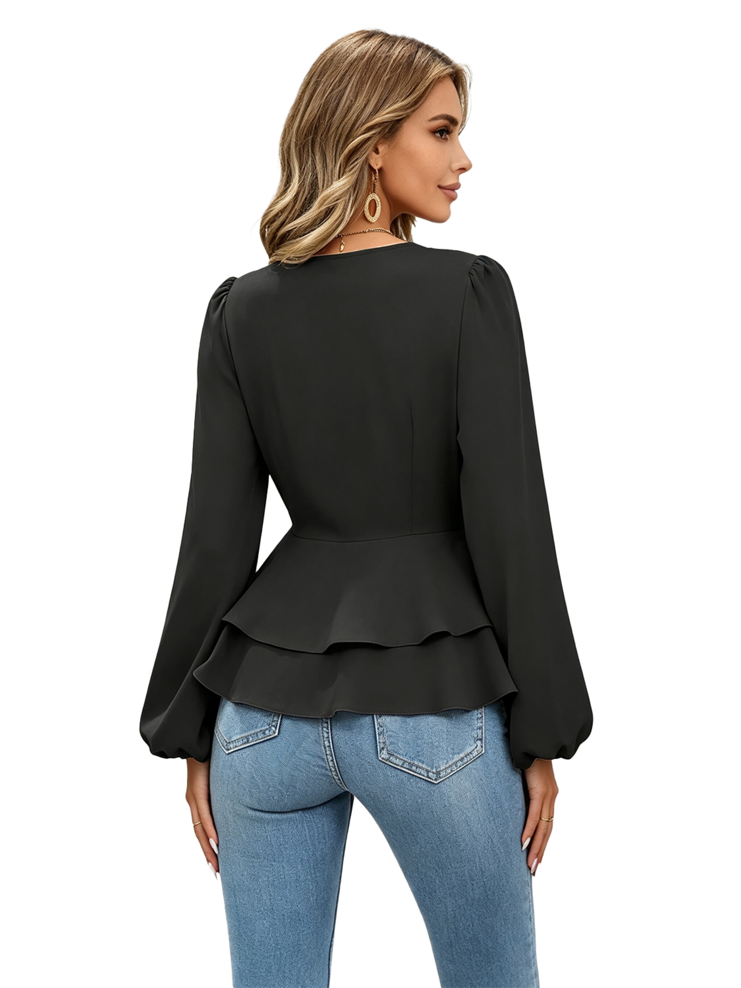 KoJooin Bluse 'Damen Wickelkleid mit V-Ausschnitt, Peplum und Puffärmeln – Elegante Bluse mit Knopfleiste für Büro'‌‌‌‌‌‌‌‌‌‌ in Schwarz