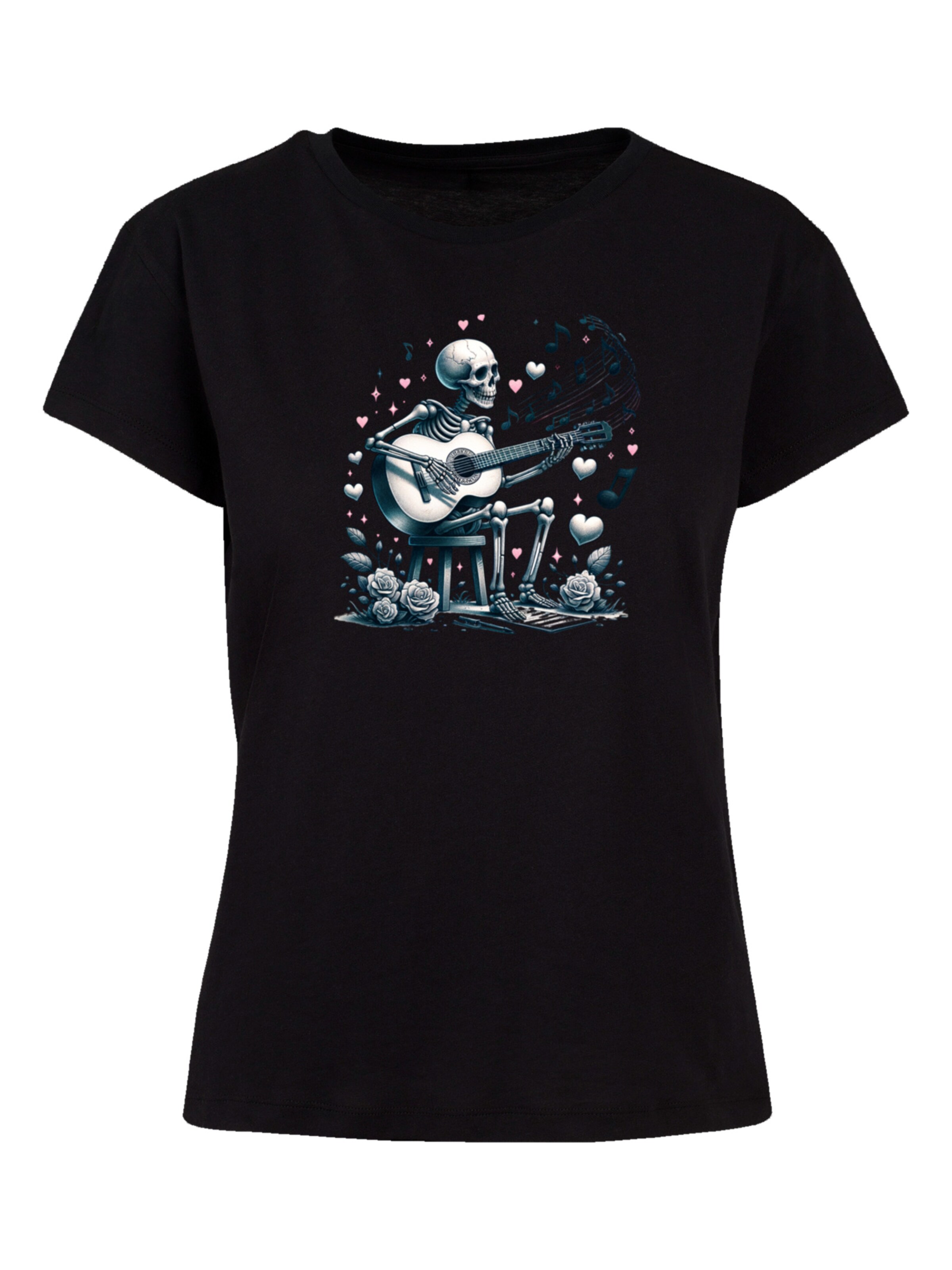 F4NT4STIC Shirt 'Skelett Spielt Gitarre, Musik, Liebe' in Zwart: voorkant