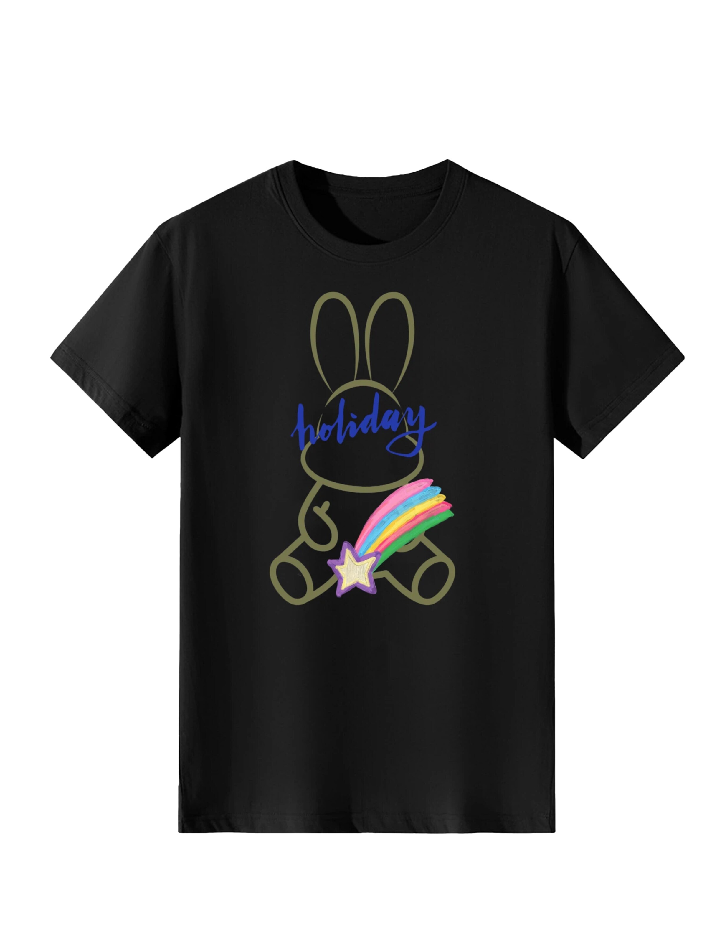 LapaPlus Shirt 'Women Minimal Line Drawing Rabbit with Rainbow Holiday Print T-Shirt' in S in Black, Item view