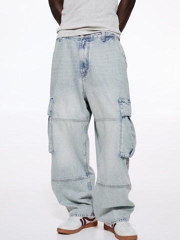 Pull&Bear Wide leg Cargojeans in Blauw: voorkant