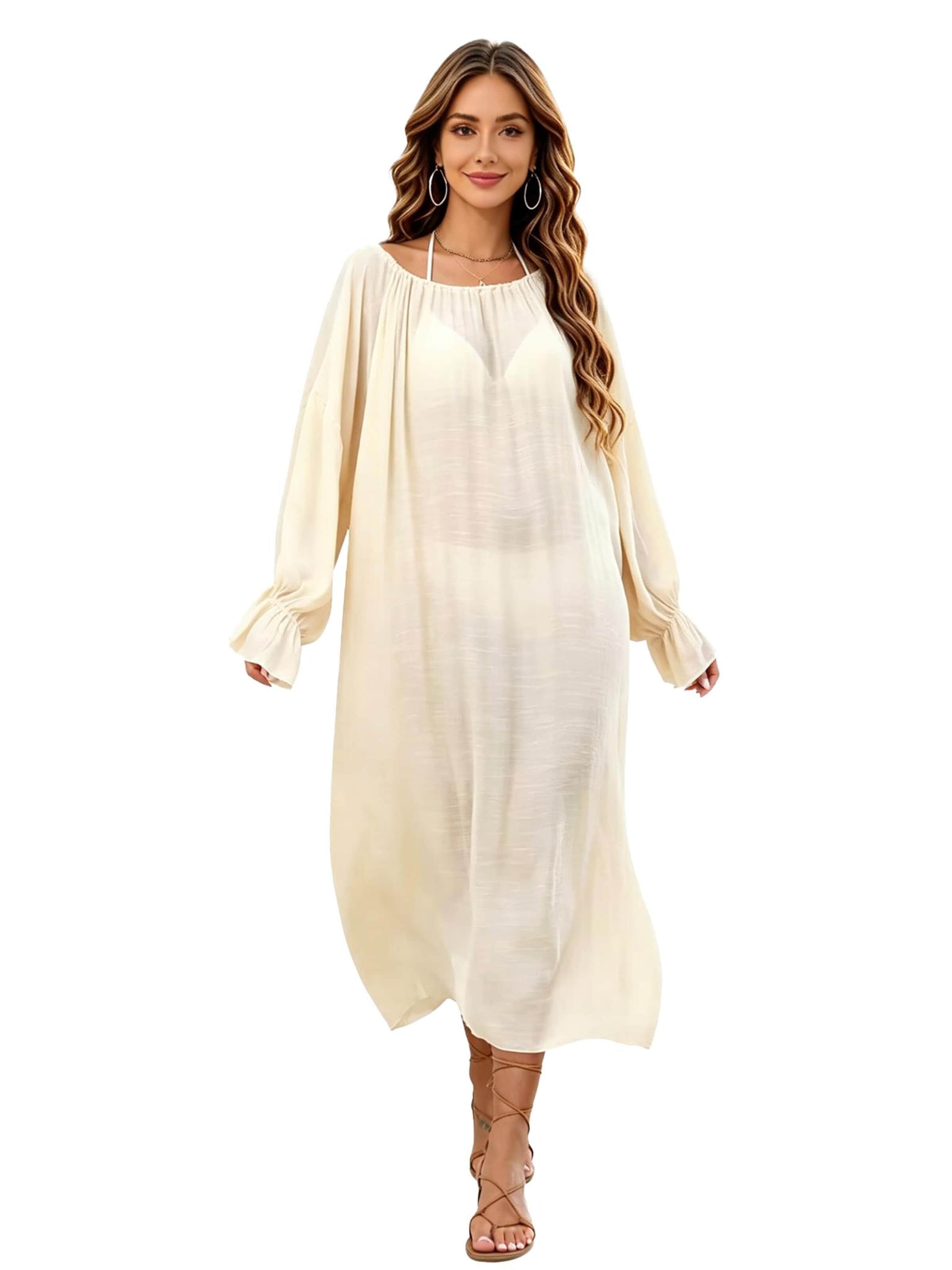 KoJooin Dress 'Maxikleid mit Rundhalsausschnitt, tiefem V-Ausschnitt und offenem Rücken, ideal als Bikini-Cover-Up' in Beige: front