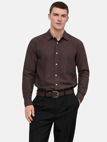 Only & Sons Slim fit Overhemd 'ONLY & SONS ONSCAIDEN LIFE LS SOLID LINEN BLEND NOOS CAMICIA' in Bruin