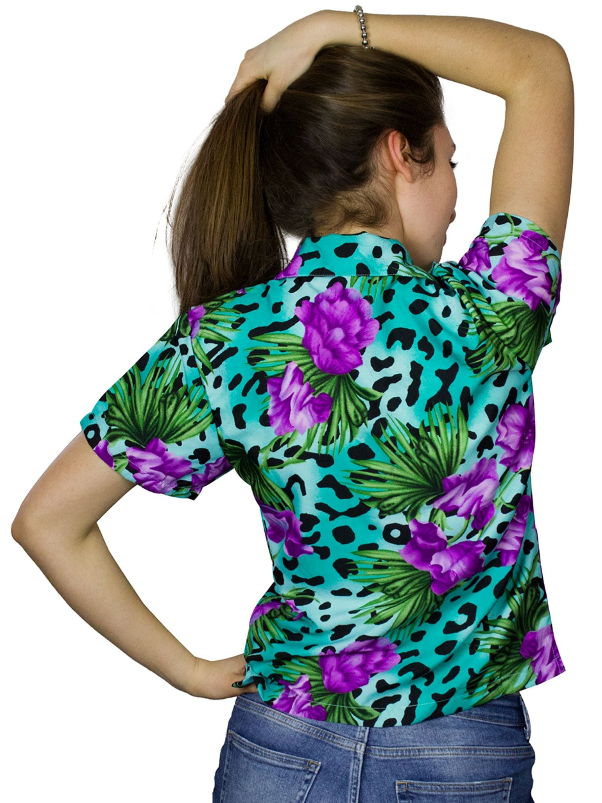 King Kameha Blouse 'Leopard Flowers' in Blue