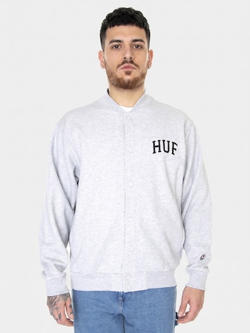 HUF Gebreid vest 'M' Athletic Cardigan Heather Grey' in Grijs: voorkant