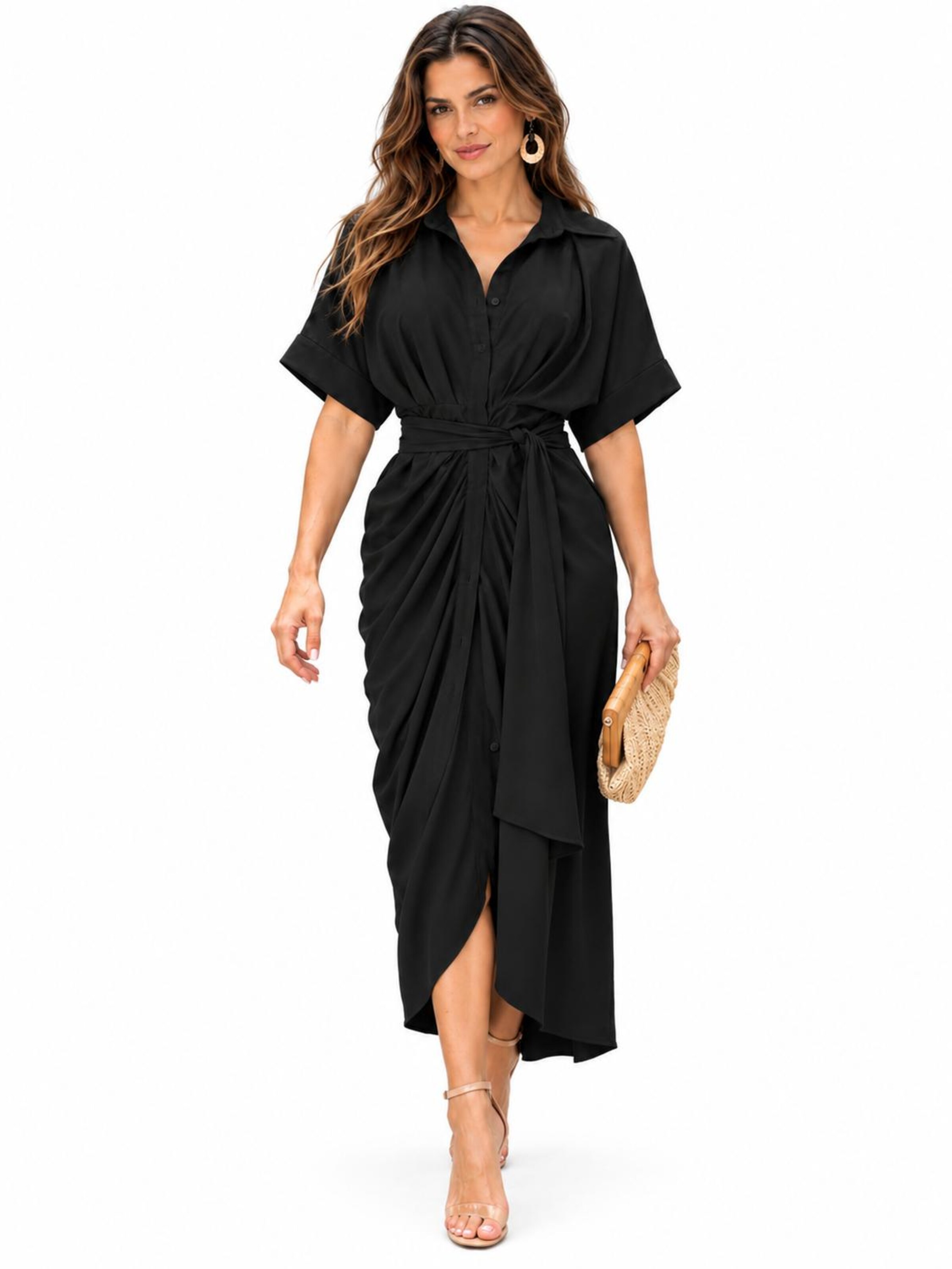 SPORTS36.NL Jurk 'Women's Short-Sleeve Shirt Dress with Waist Tie' in Zwart: voorkant