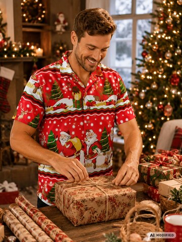 King Kameha Regular fit Button Up Shirt 'Christmas Border Print' in Red