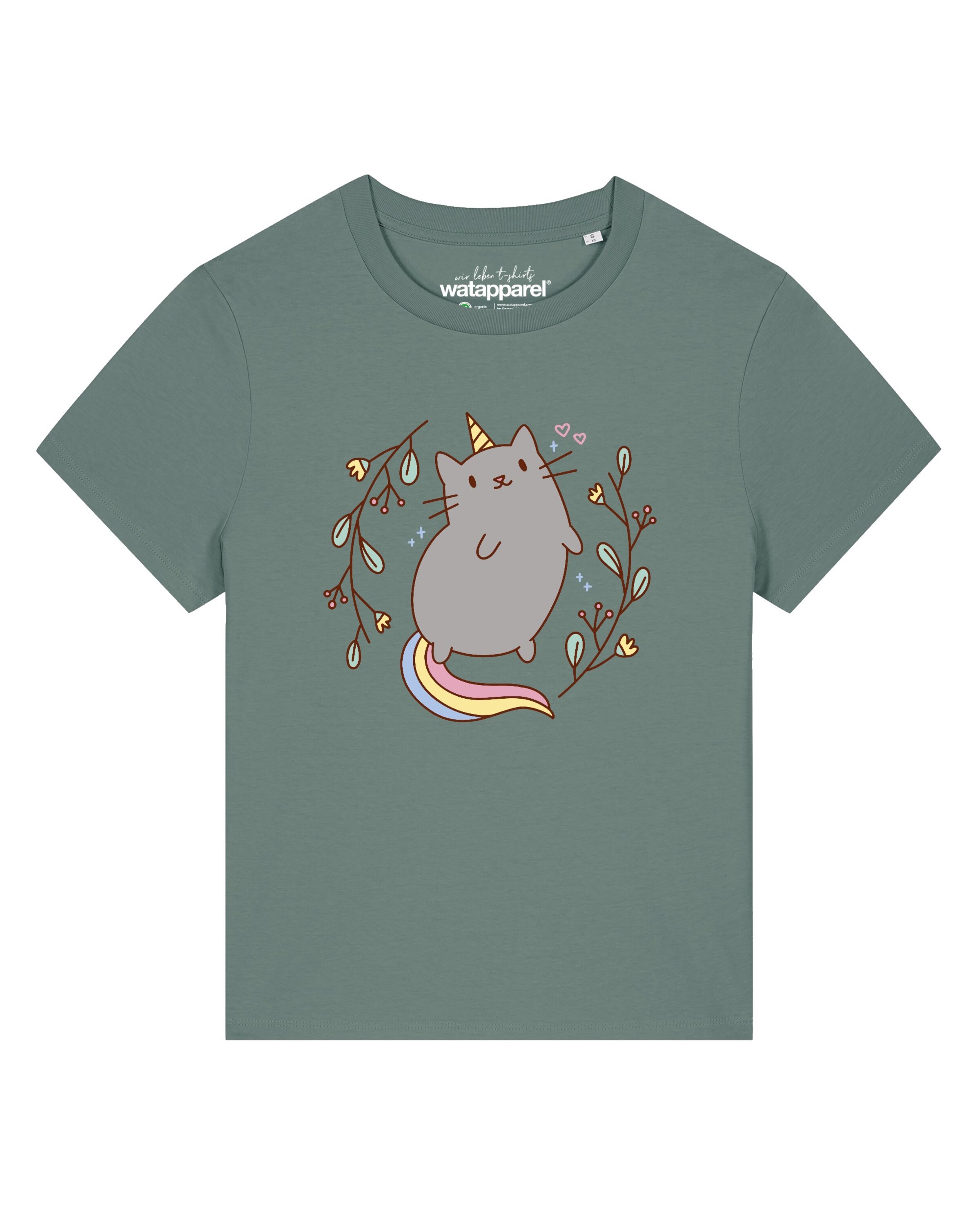 Watapparel Shirt 'Unicorn Cat' in Groen: voorkant