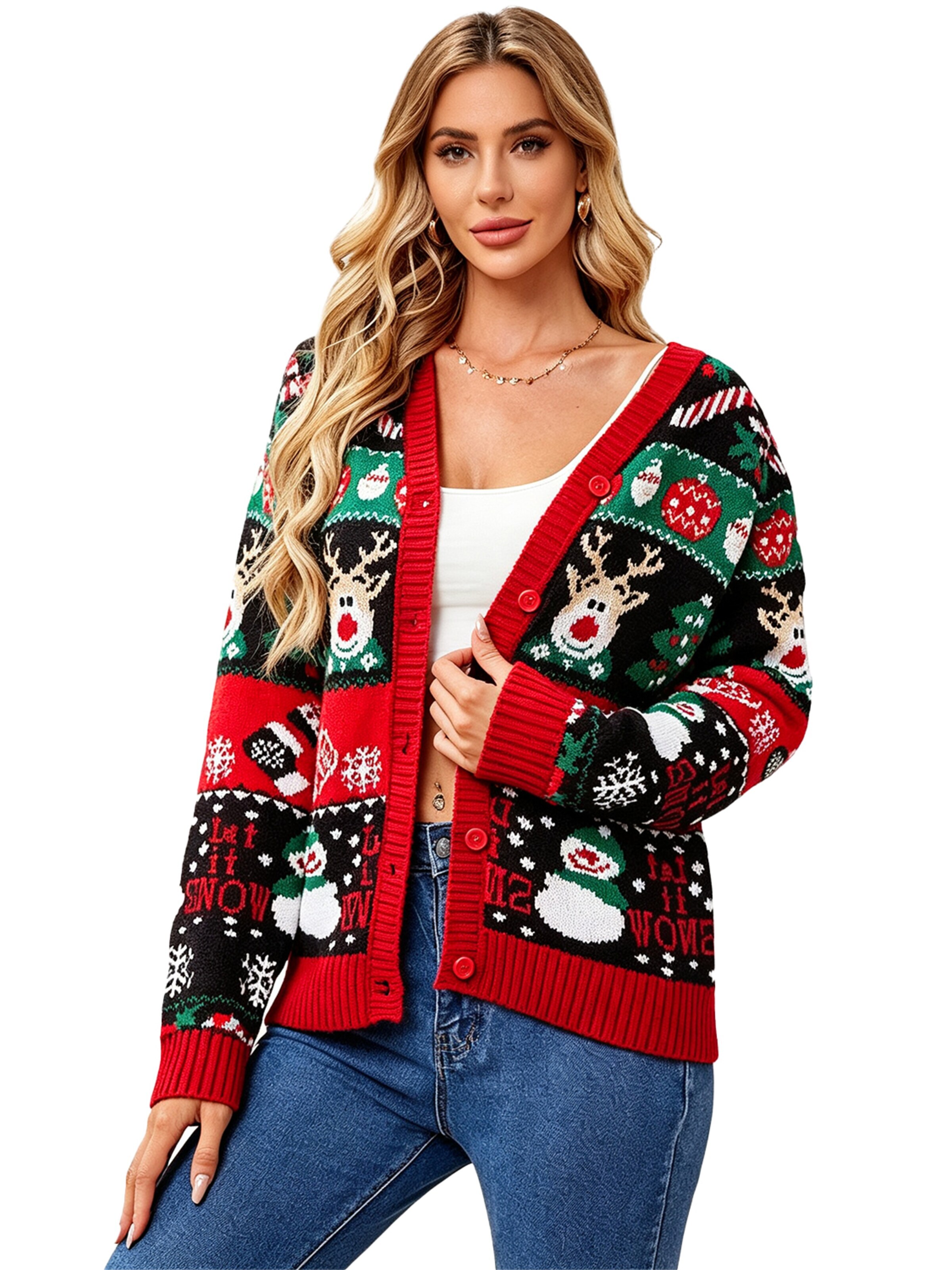 KoJooin Knit cardigan 'Damen Ugly Christmas Sweater mit Rentier Lustiger festlicher Strickpullover mit Schneeflocken' in Black