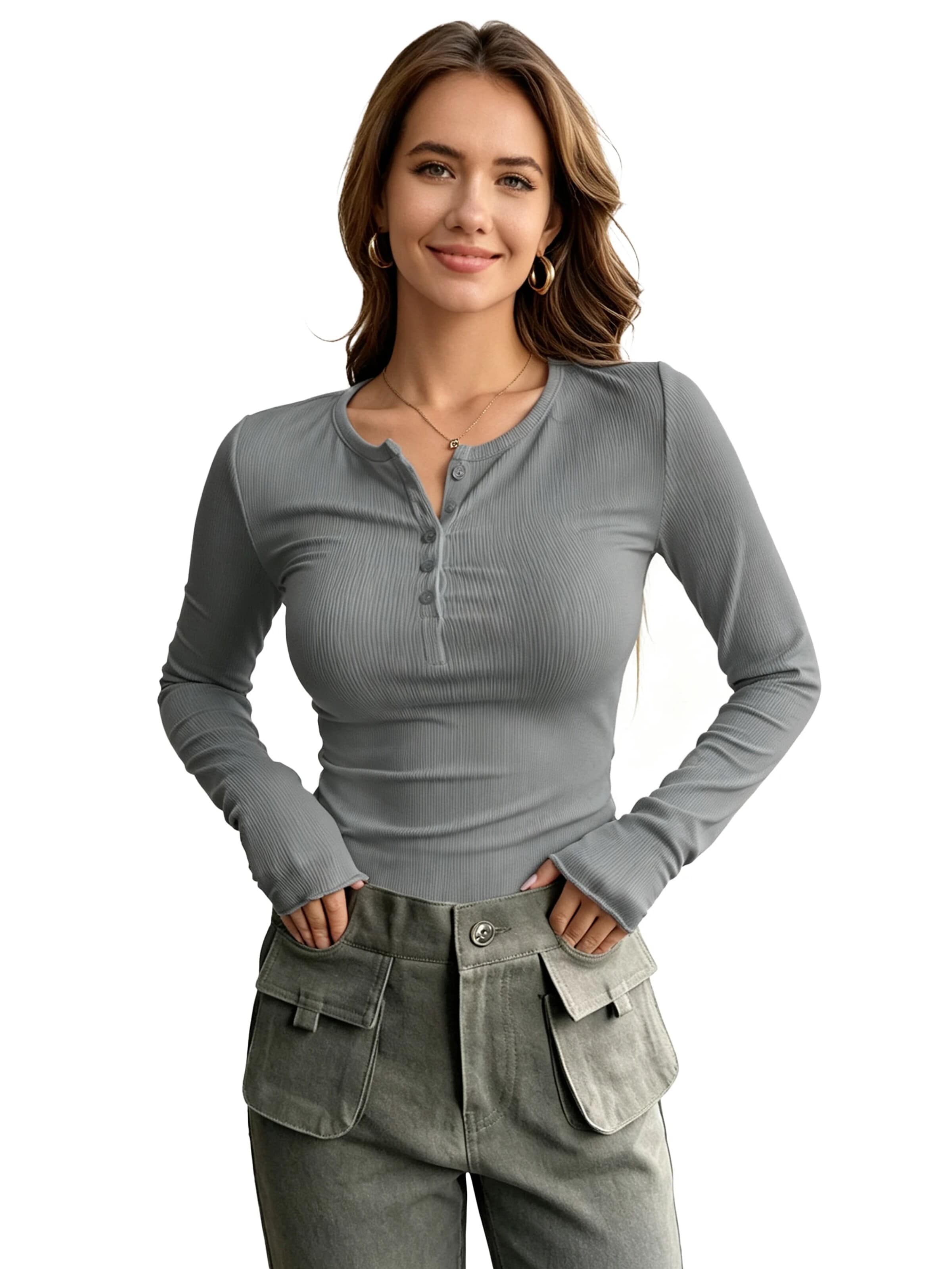 KoJooin Top 'Damen-Langarm-Henley-T-Shirts, gerippt, mit Knöpfen, schmal geschnitten,Basic-Tops,Blusen,Freizeit' in Grey: front