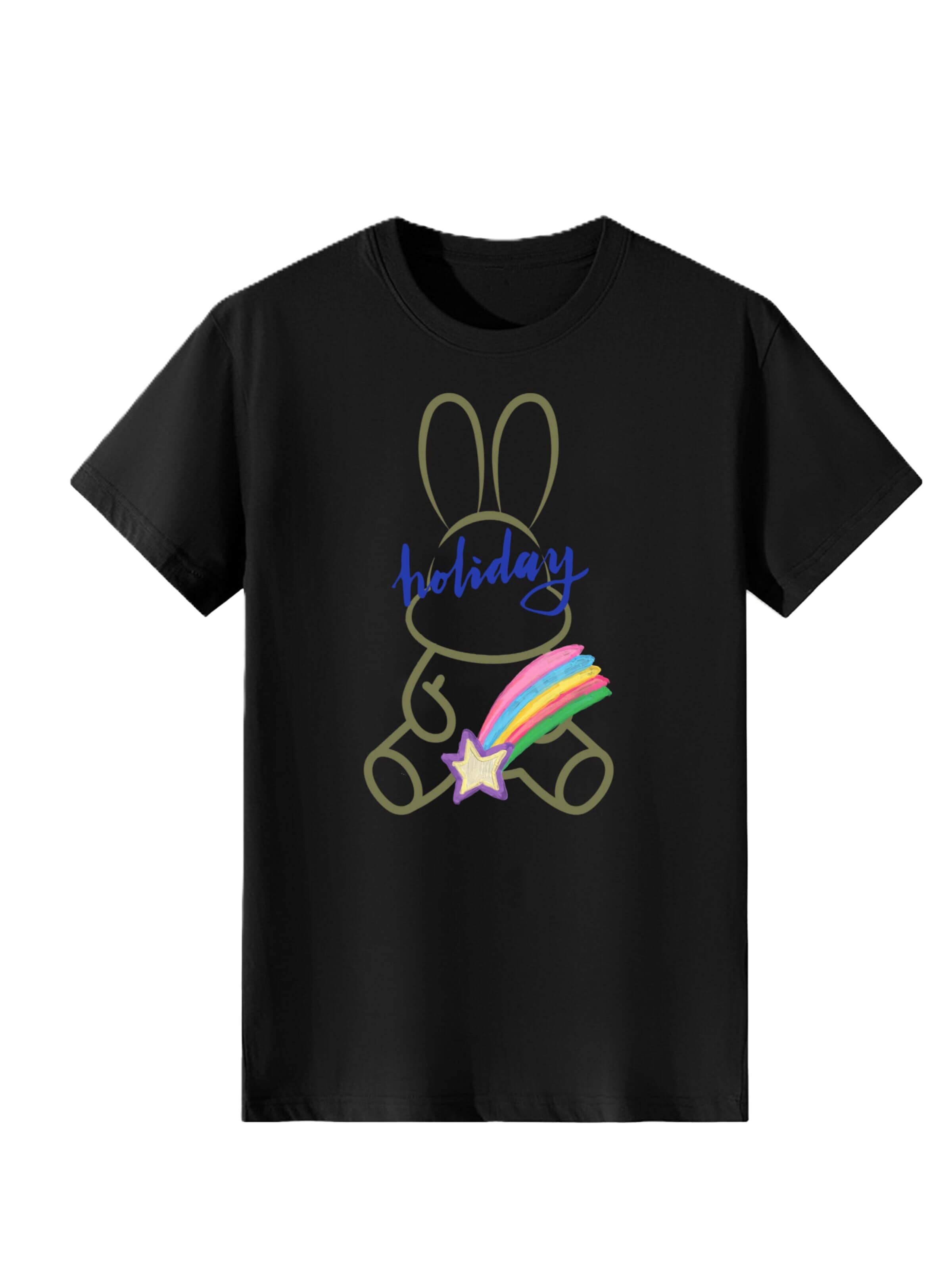T-shirt 'Women Minimal Line Drawing Rabbit with Rainbow Holiday Print T-Shirt' LapaPlus en noir : devant