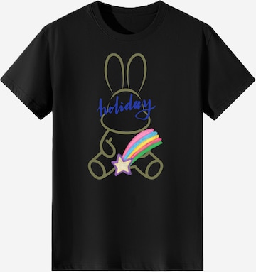 T-shirt 'Women Minimal Line Drawing Rabbit with Rainbow Holiday Print T-Shirt' LapaPlus en noir : devant