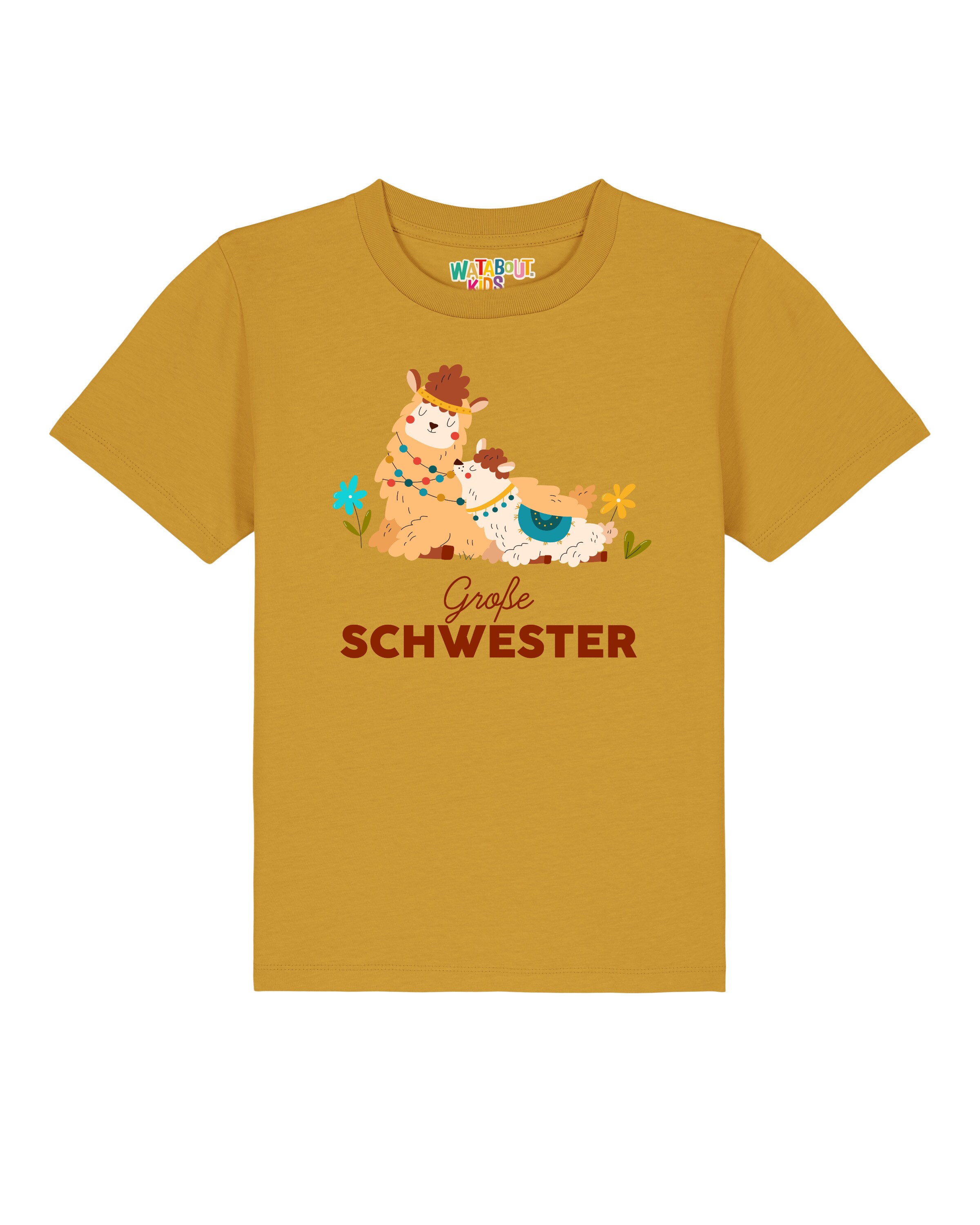 watabout.kids T-Shirt 'Lama Große Schwester' en ocre / jade / orange clair / bordeaux / blanc, Vue avec produit