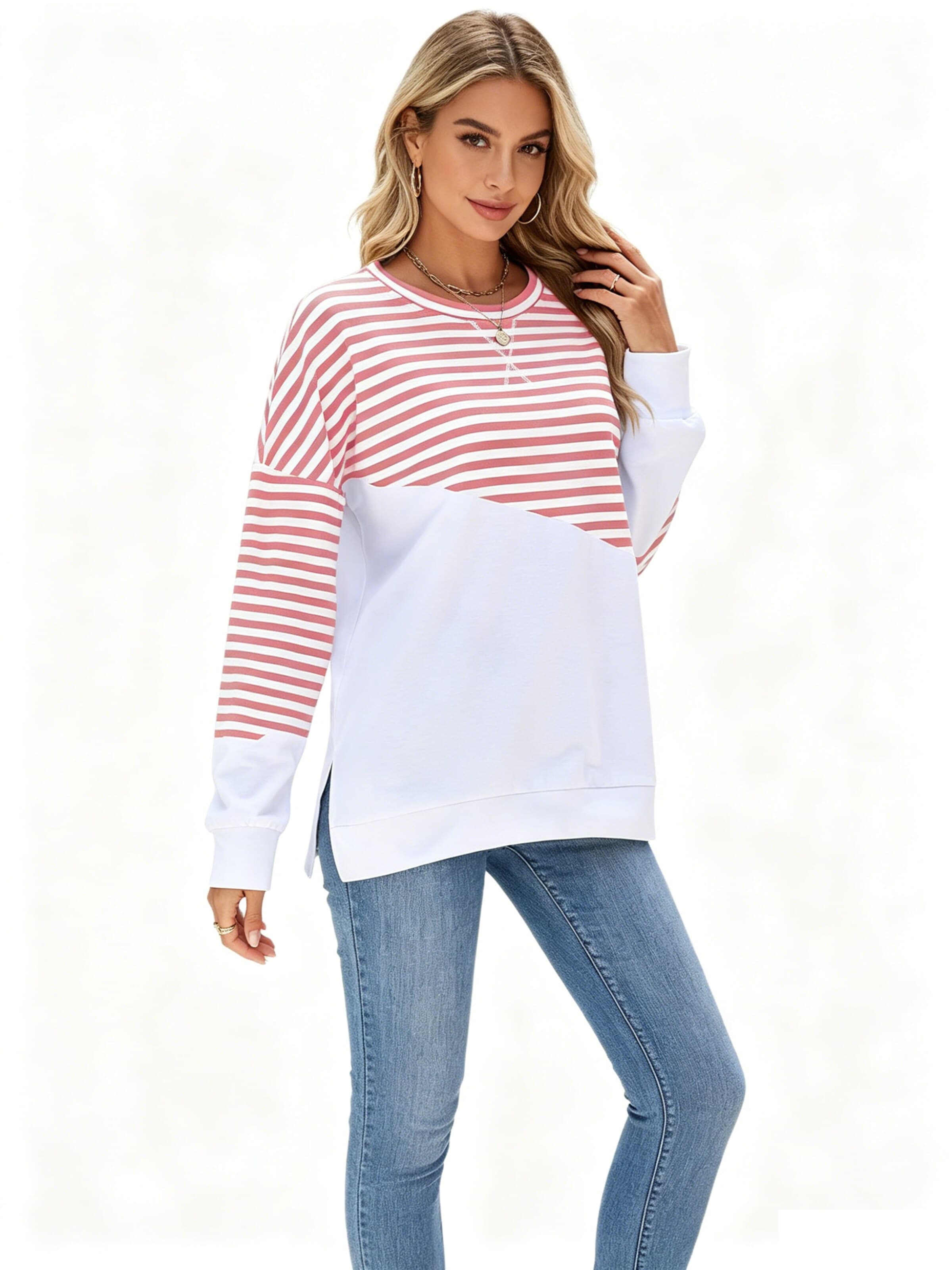 KoJooin Koszulka 'Damen Colorblock Streifen Raglan Sweatshirt Rundhals Seitenschlitze Langarm Freizeit Pullover' w kolorze różowy: przód