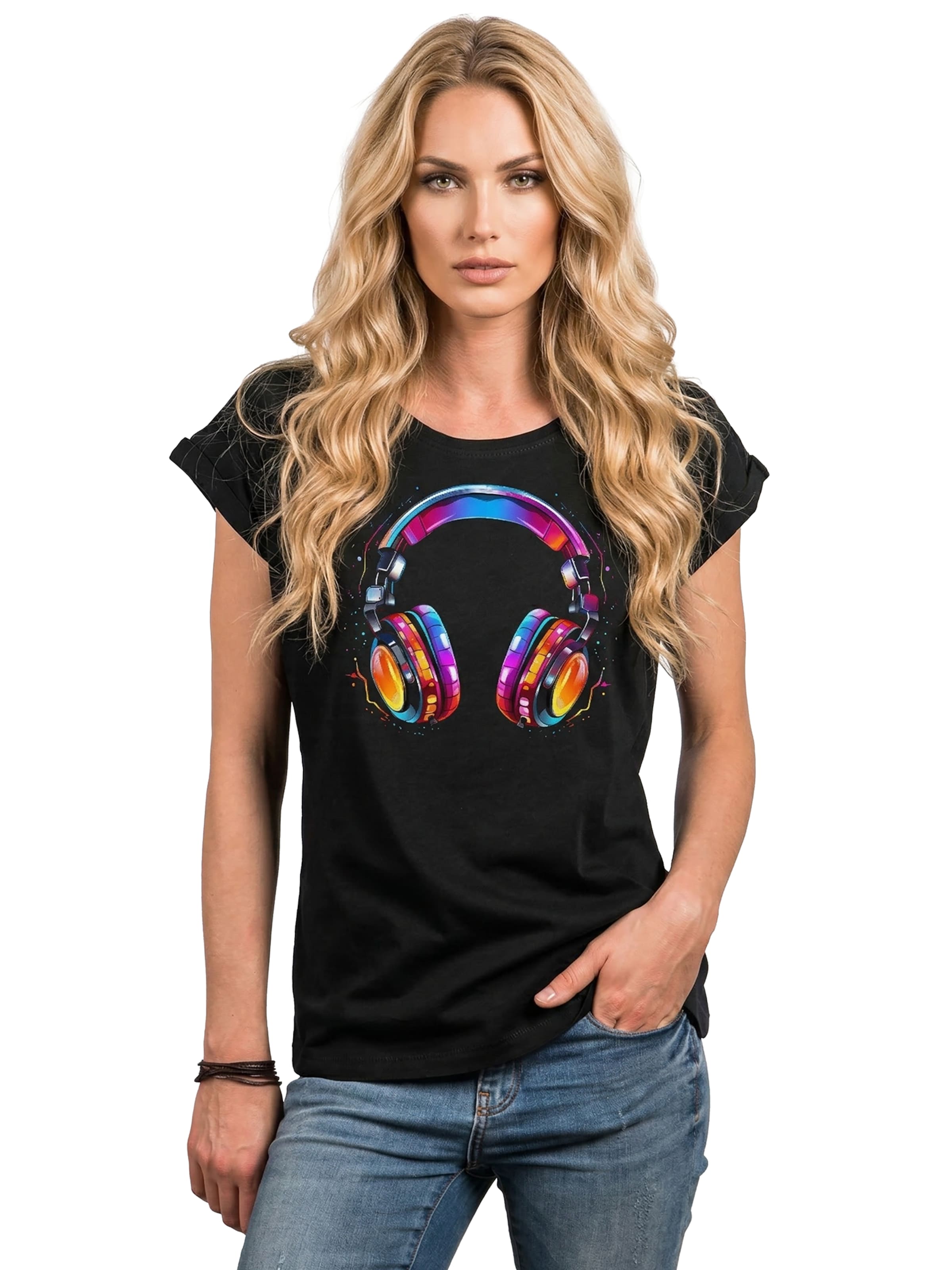 MAKAYA Shirt 'Kopfhörer Bunt' in Black: front