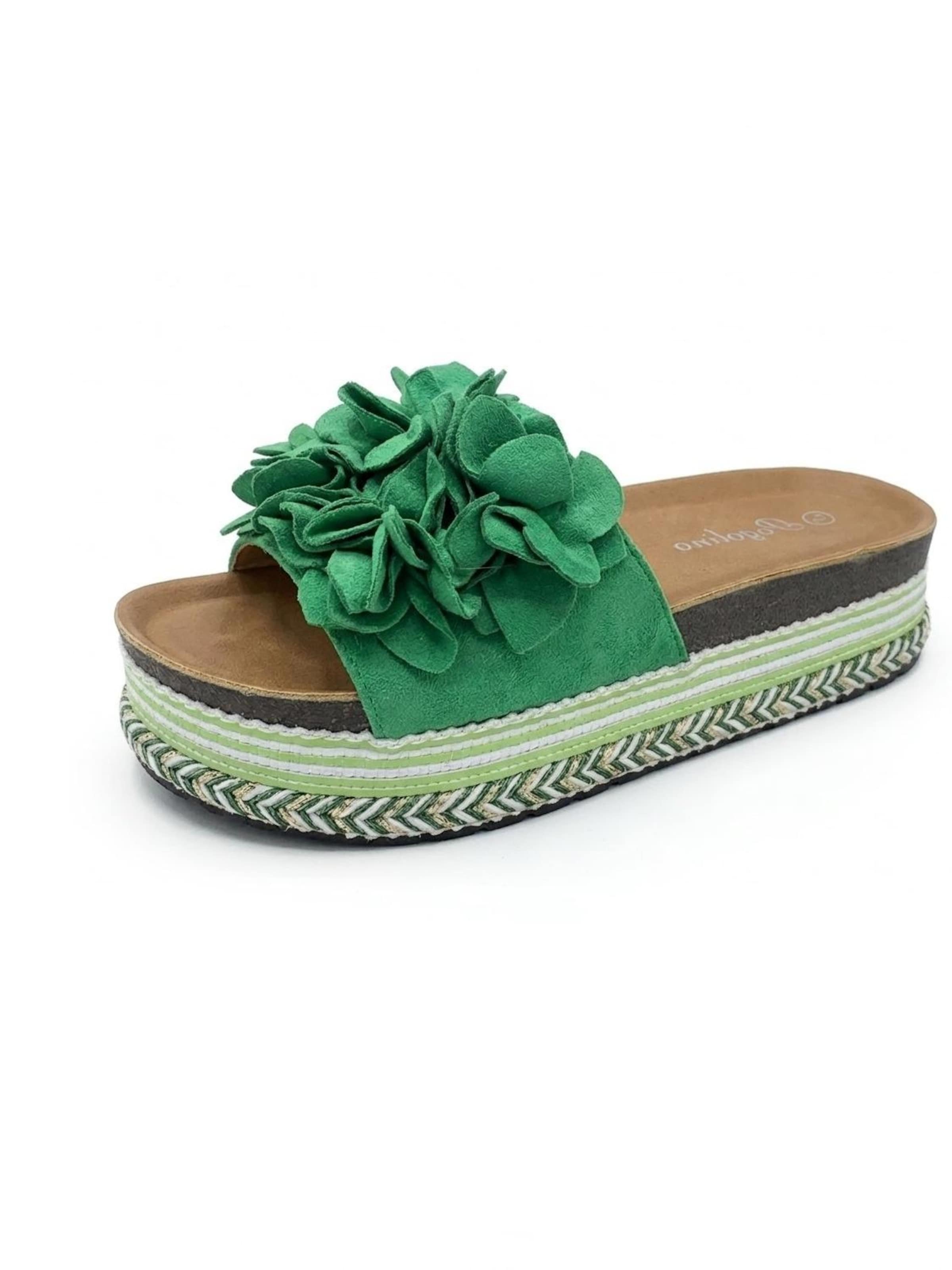 Pogolino Sandals 'Damen Sandalen Plateau Blumen Sandaletten Pantoletten TL891' in Green: front