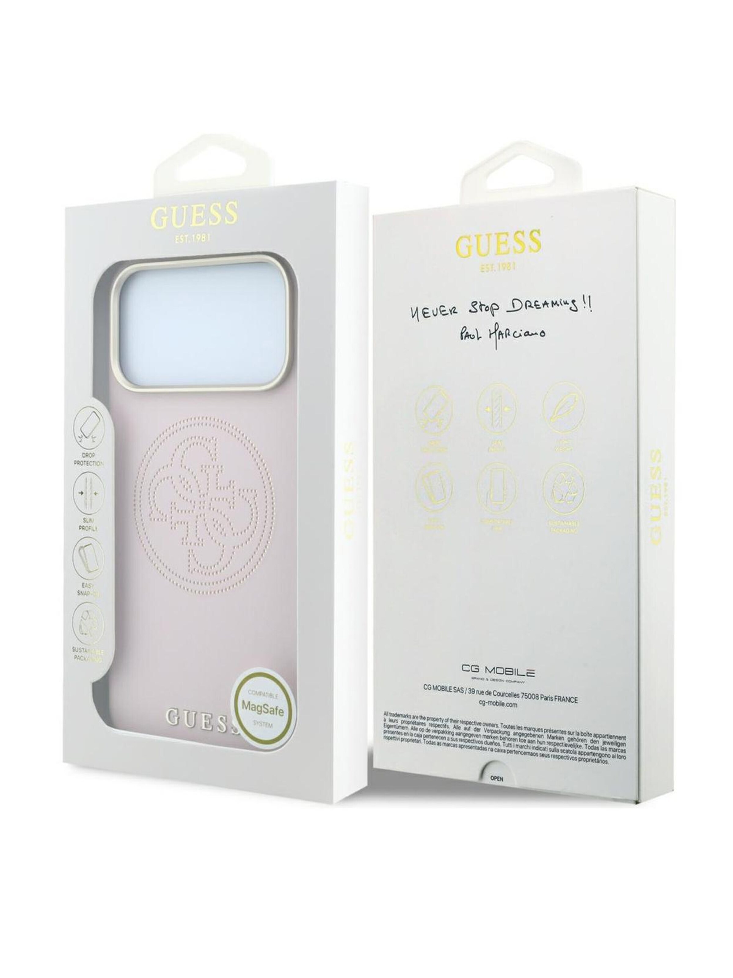 GUESS Smartphonehoesje 'Guess Perforated 4G Gold Logo Magsafe case for iPhone 18 Pro Max / 17 Pro Max' in Roze