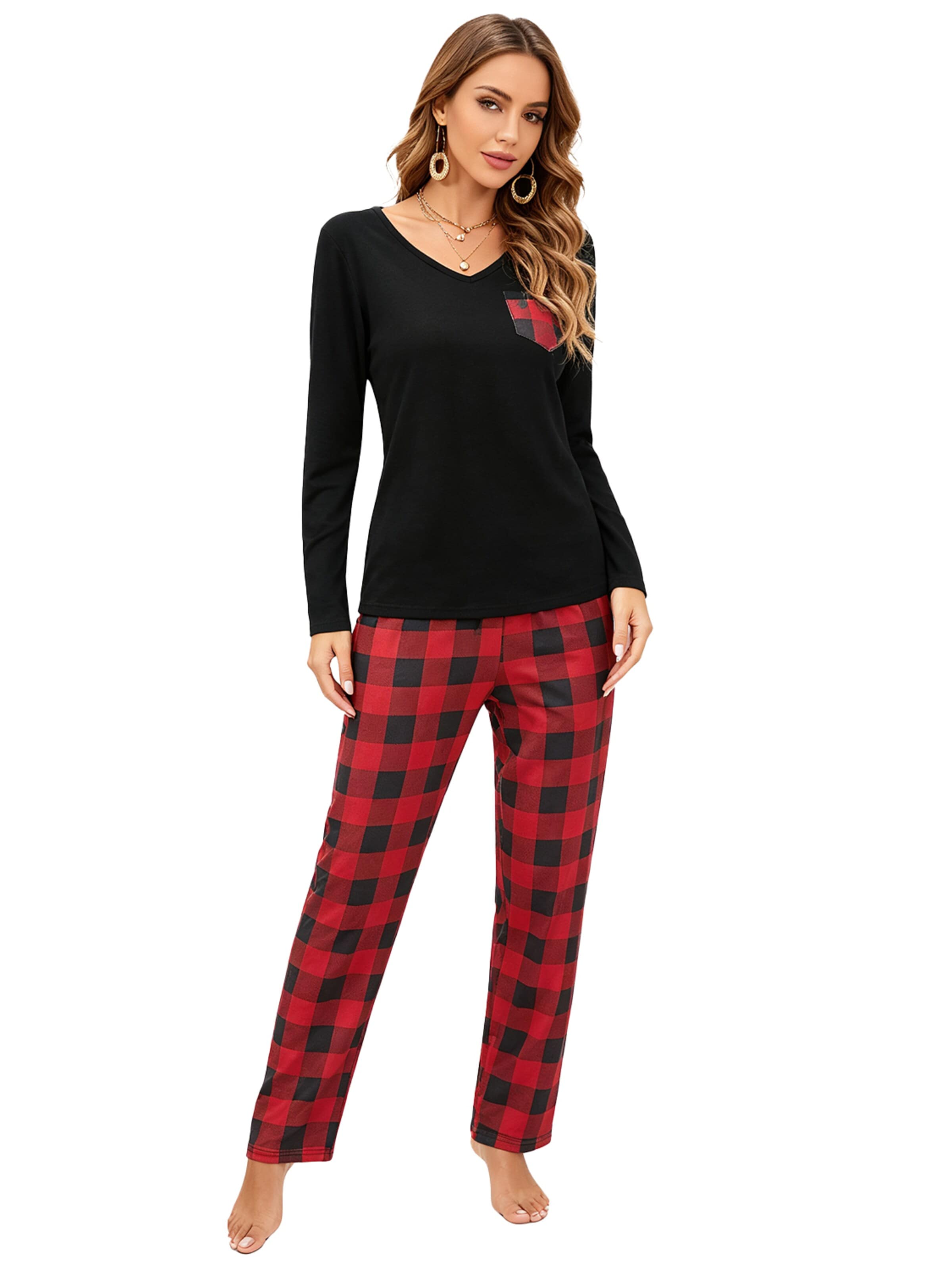KoJooin Piżama 'Damen Weihnachts-Pyjama-Set im Karierten Design Klassische,Langärmelige Loungewear für Familiäre' w kolorze czerwony